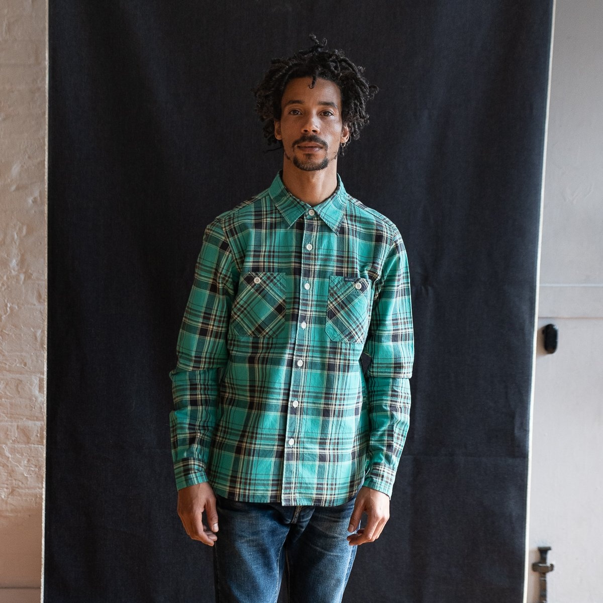 IHSH-356-GRN 5oz Selvedge Madras Check Work Shirt - Green - 4