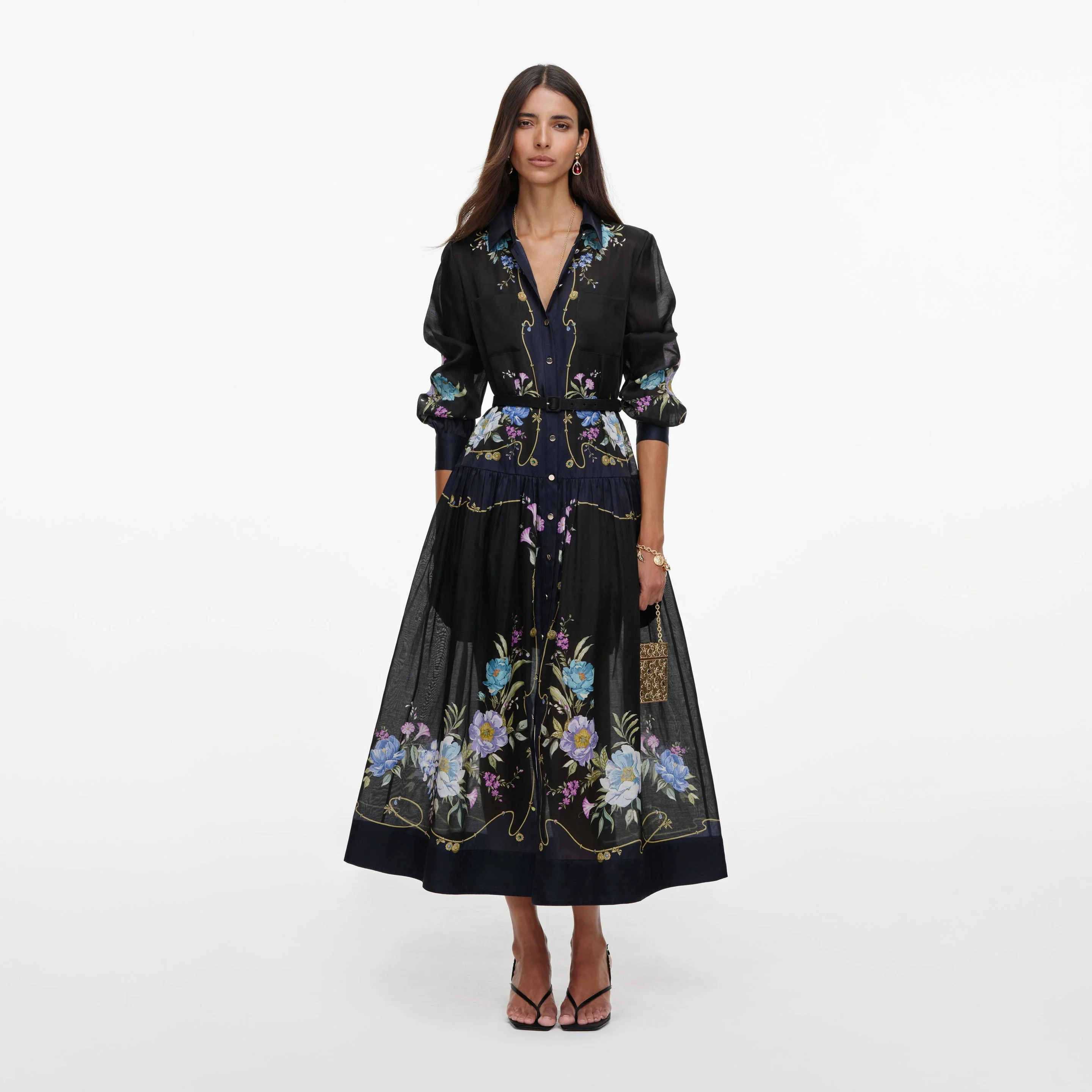 Navy Floral Organza Midi Dress - 1