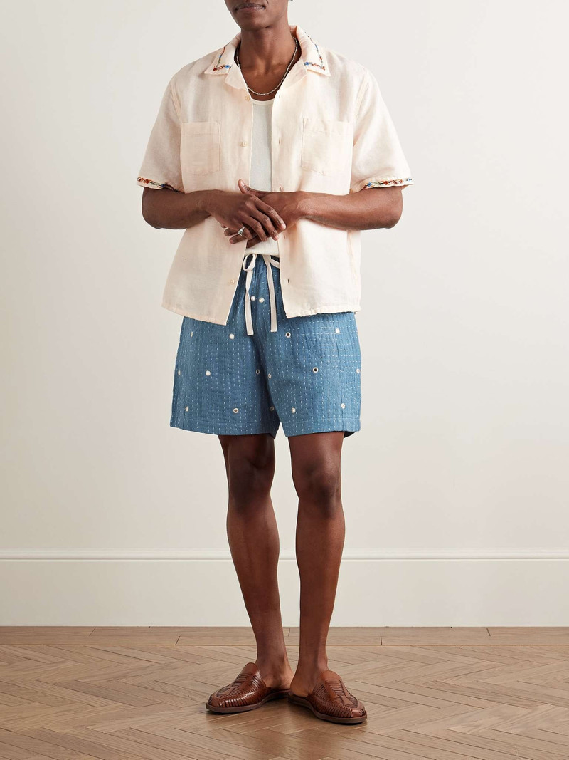 KARTIK RESEARCH Straight-Leg Embellished Kantha Cotton Drawstring Shorts outlook