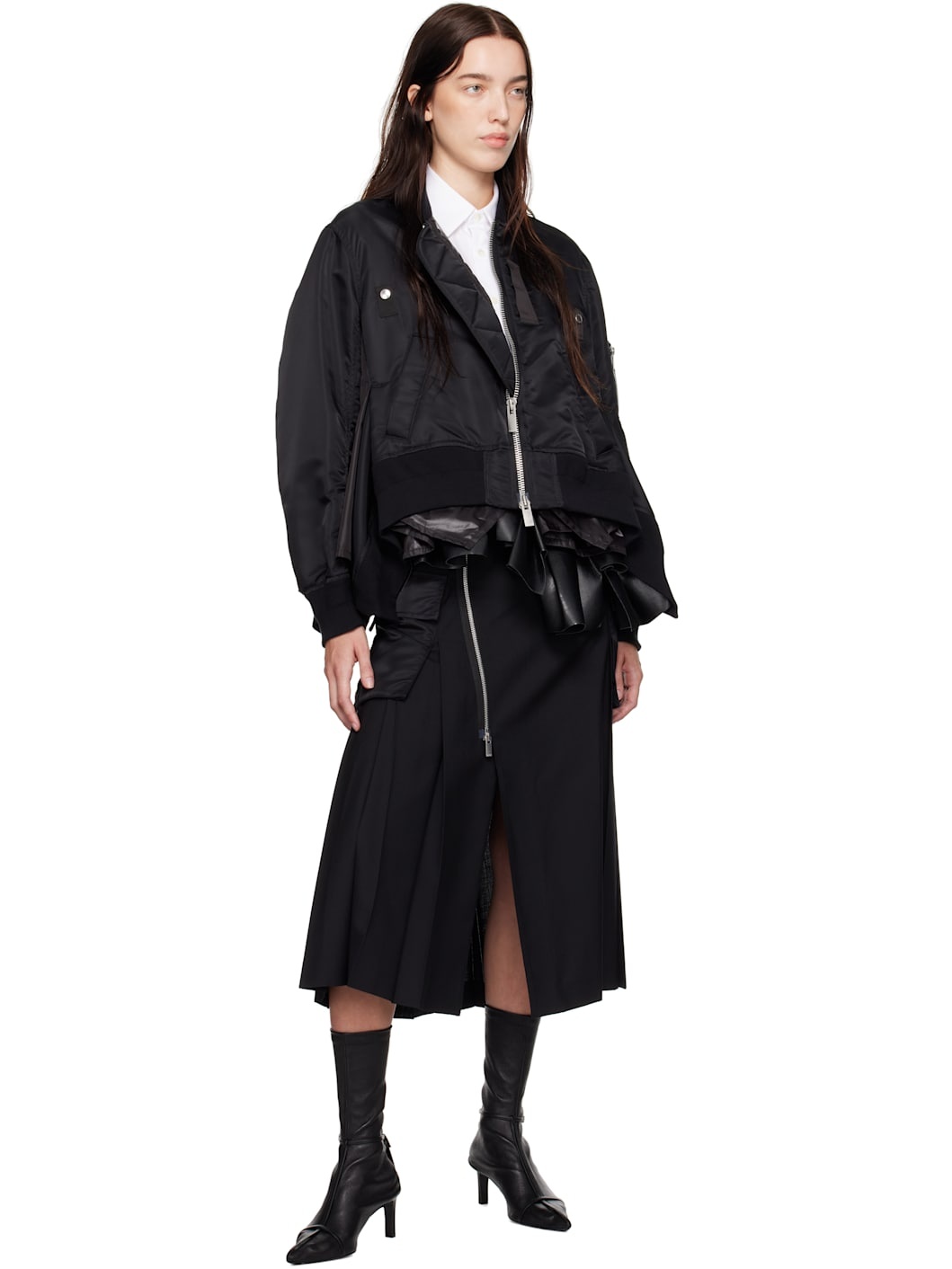 Black Suiting & Nylon Twill Midi Skirt - 4