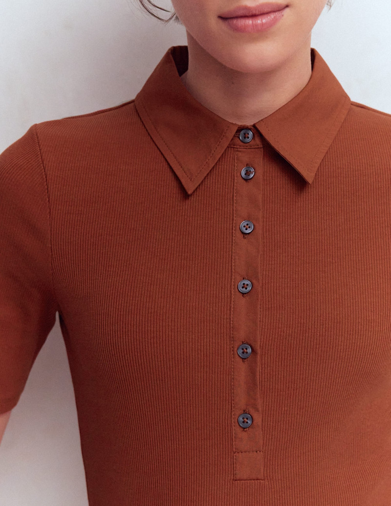Collared Ribbed Henley Top-Burnt Orange 3