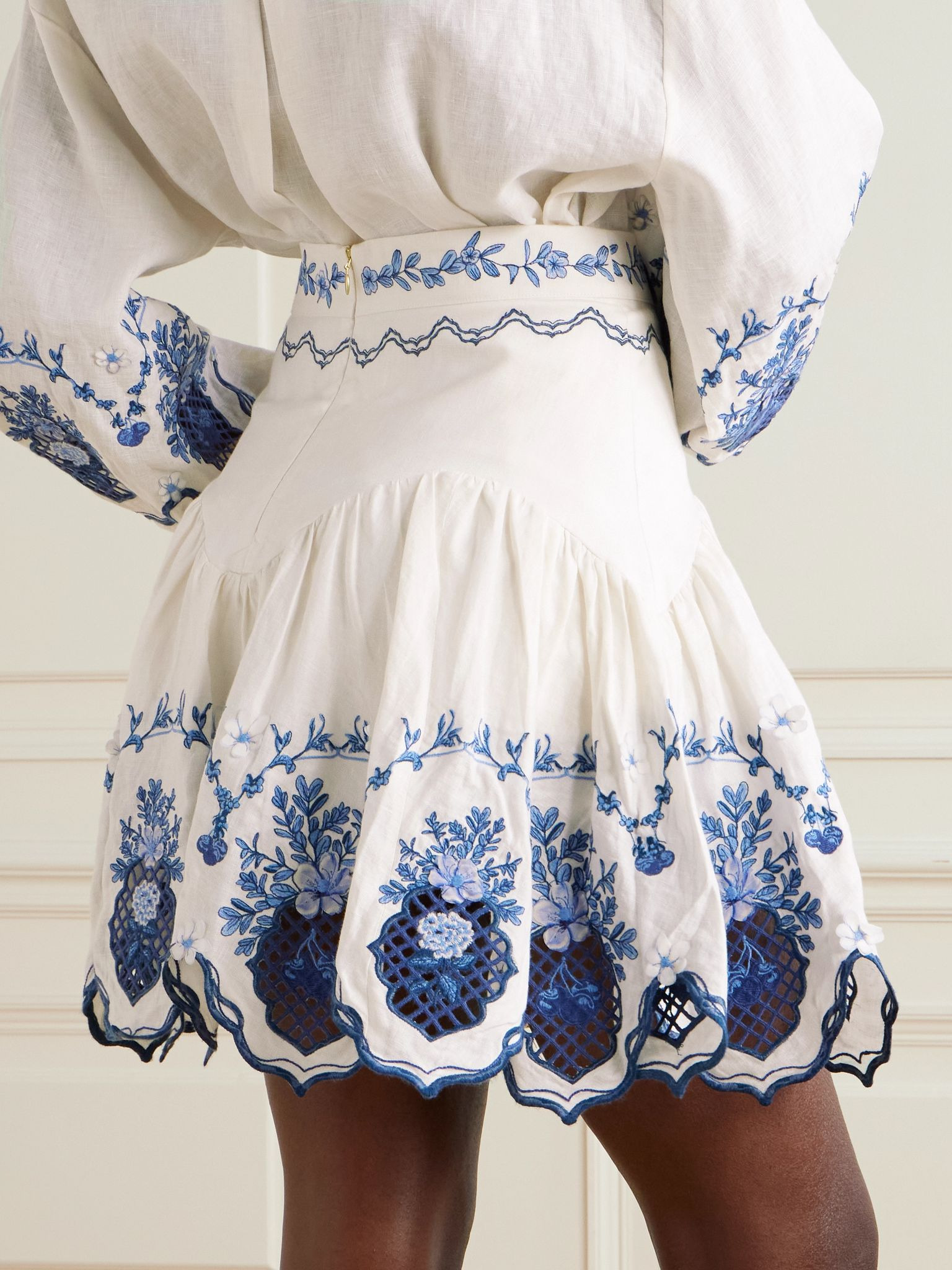 Asai Wild ruffled embroidered linen skirt Cream - 3