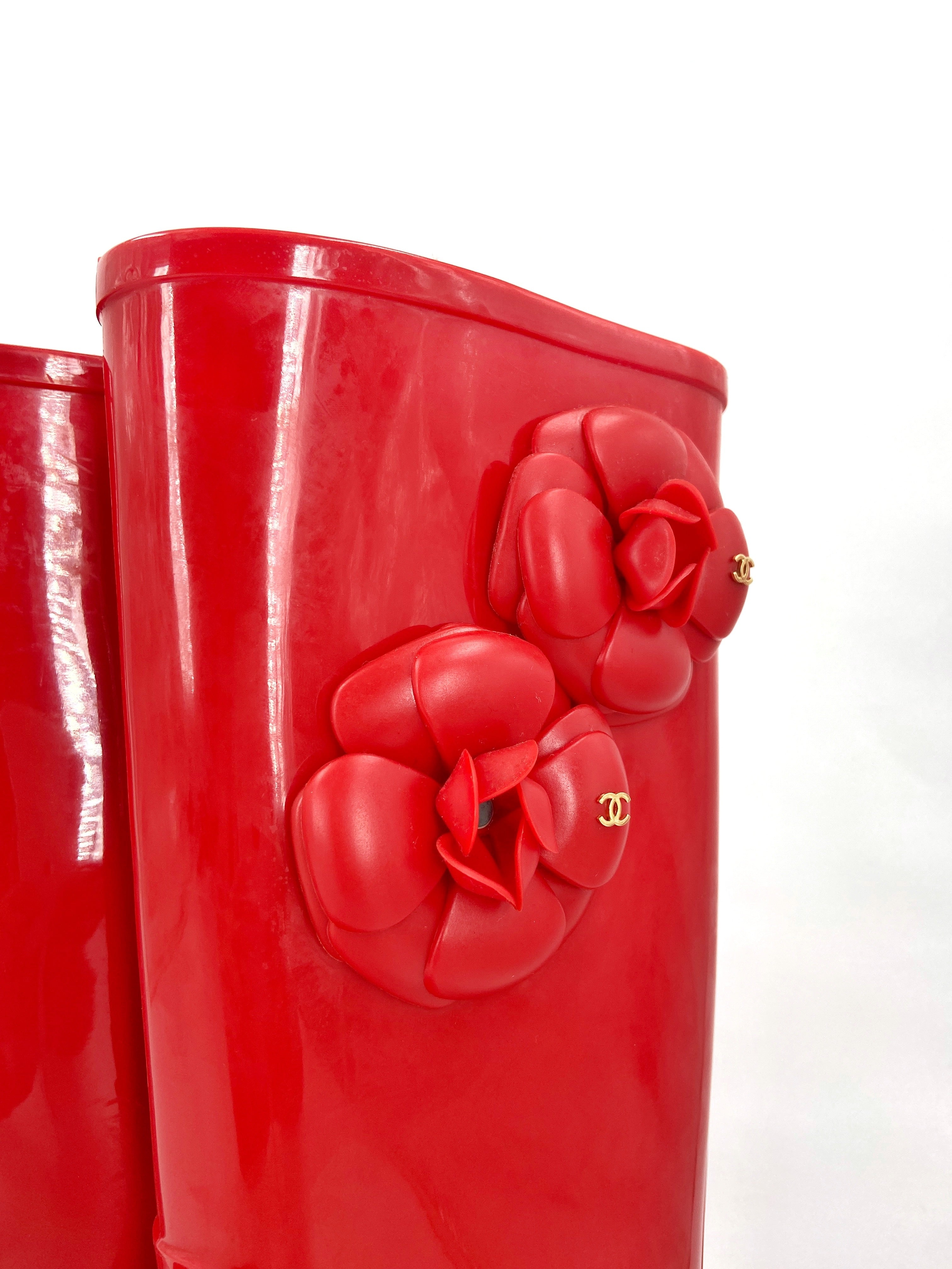 Chanel Karl Lagerfeld Red Camellia Rubber Rainboot - 5