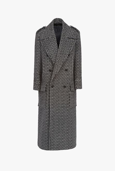 Long ivory and black Balmain monogram wool coat - 1