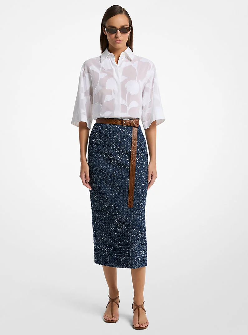 Sequined Denim Tweed Pencil Skirt - 1