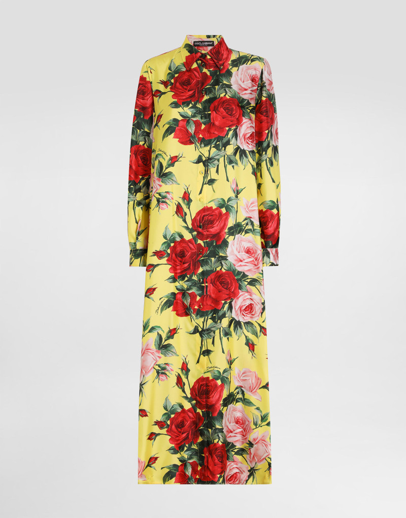 Long silk satin caftan with bouquet print - 1