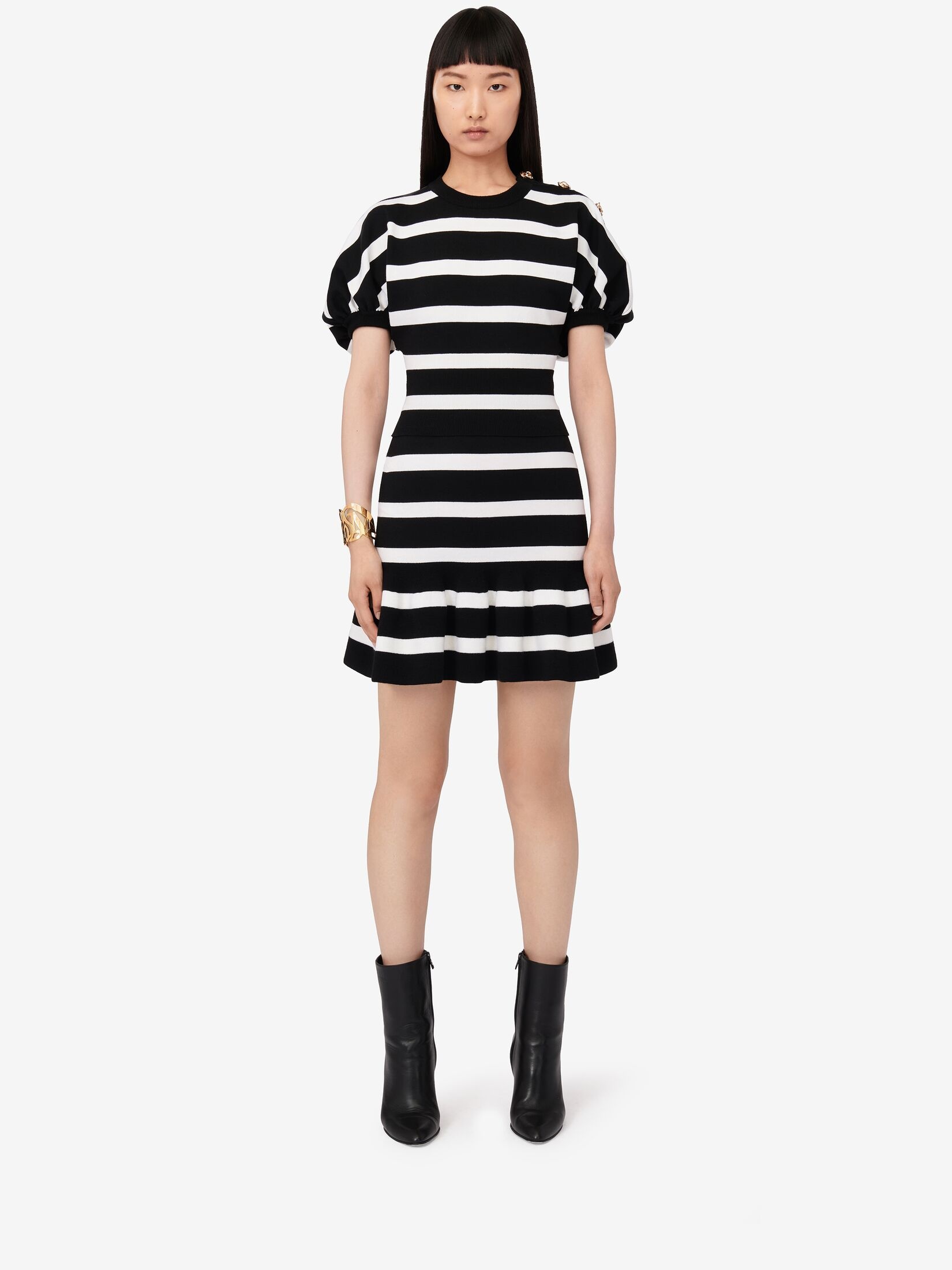 Women's Striped Ruffle Mini Skirt in Black/ivory - 5