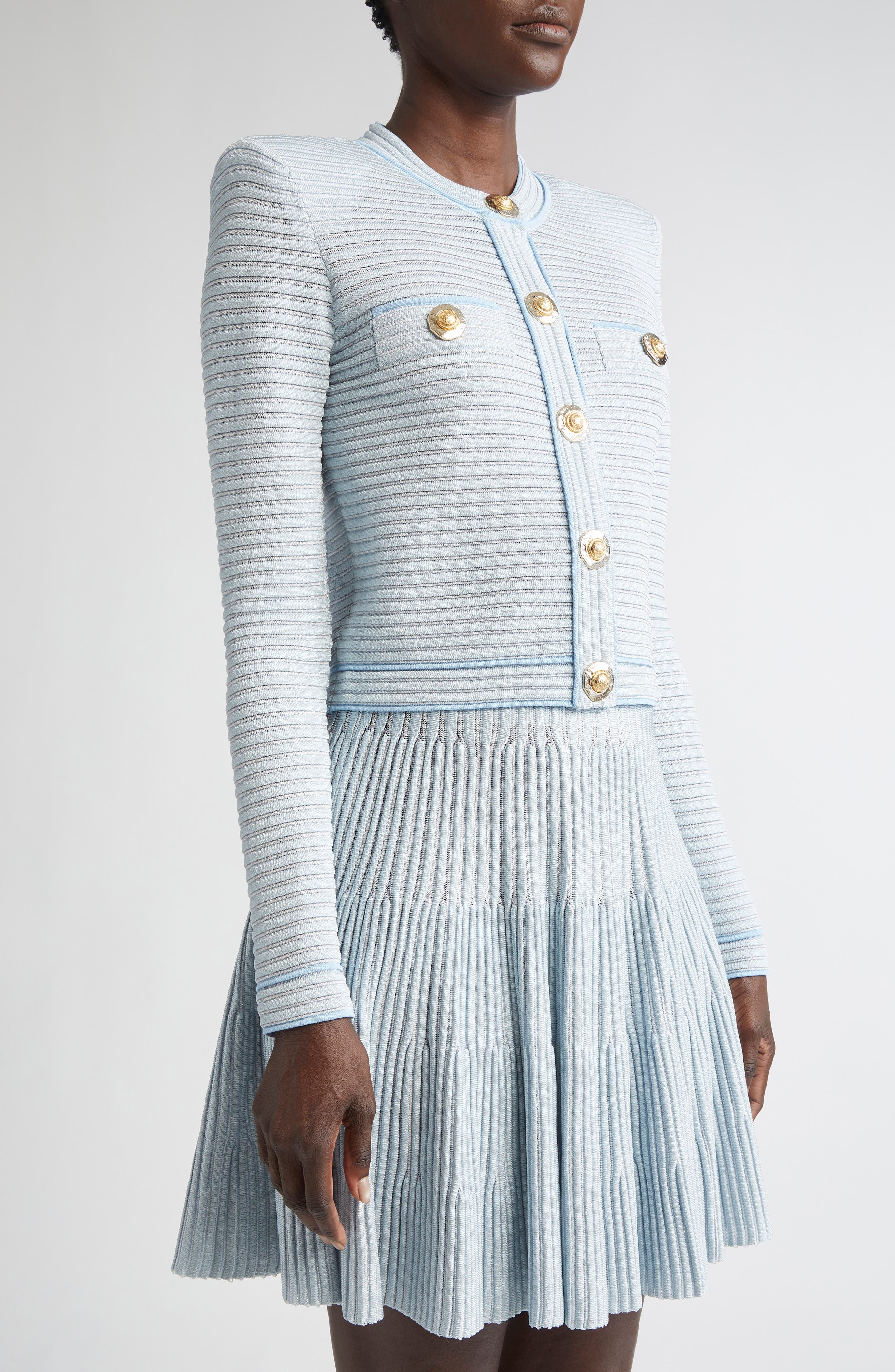 Balmain Long Sleeve Horizontal Rib Cardigan in Blue/White at Nordstrom - 4