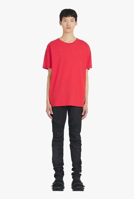 Oversized red eco-designed cotton T-shirt with white Balmain logo print - 4