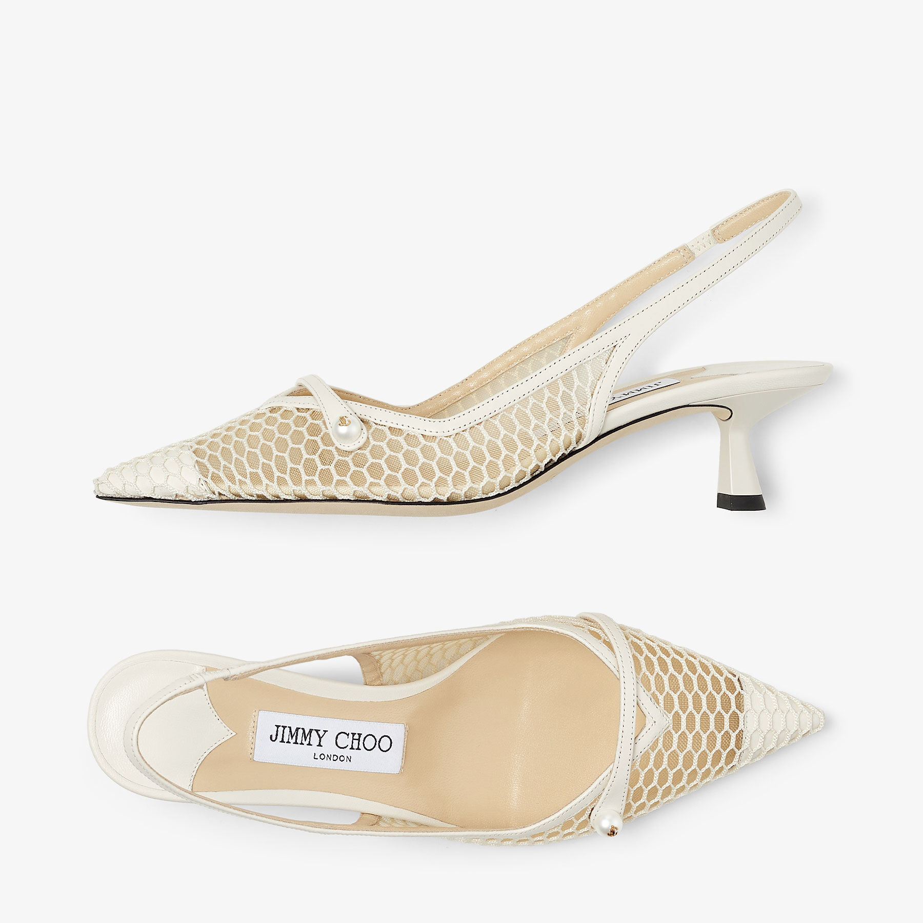 Amita 45
White Fishnet Mesh and Latte Nappa Slingback Pumps - 4