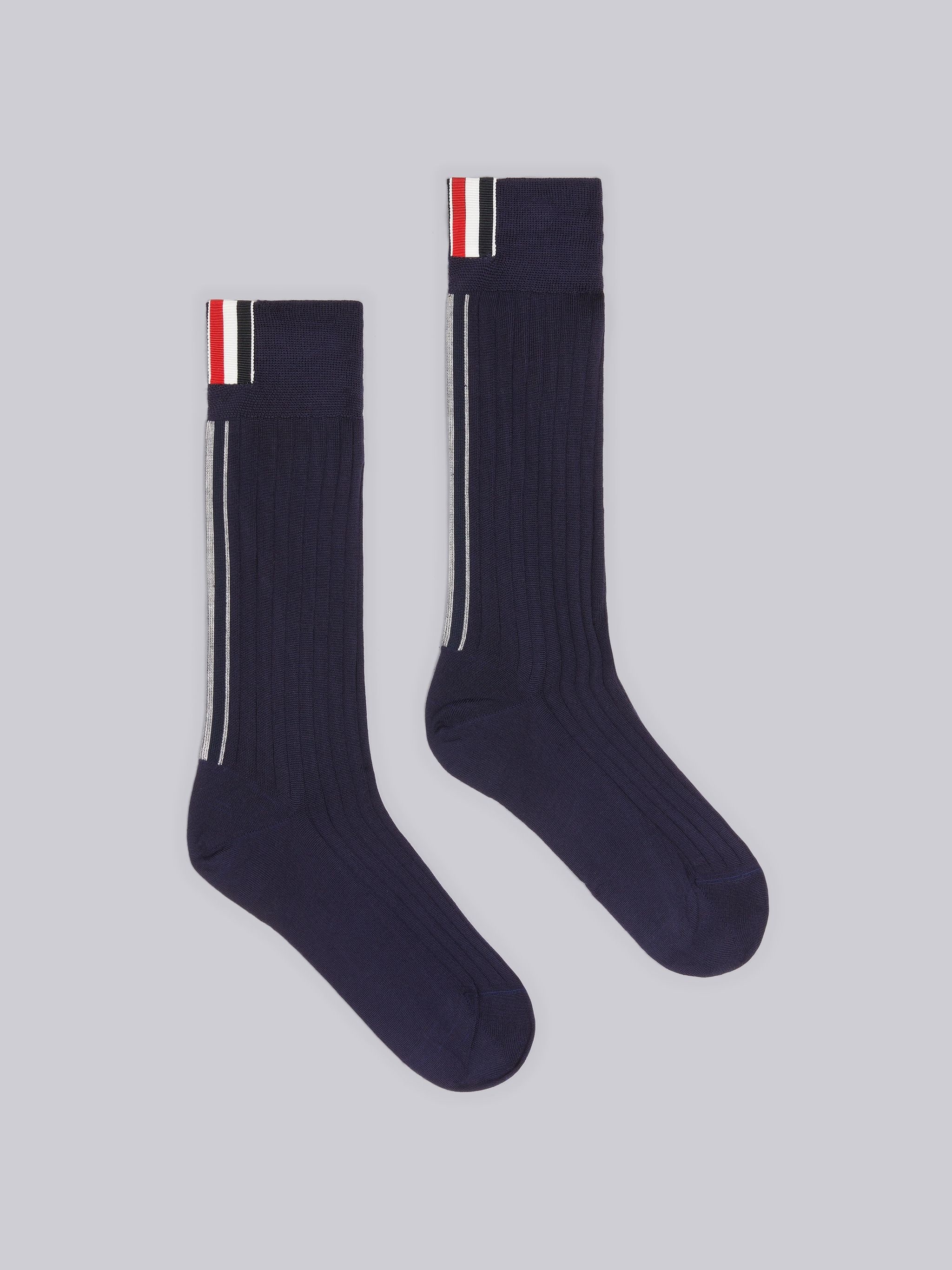 Navy Sustainable Machine Washable Merino Wool Intarsia Back Stripe Mid Calf Rib Socks - 1