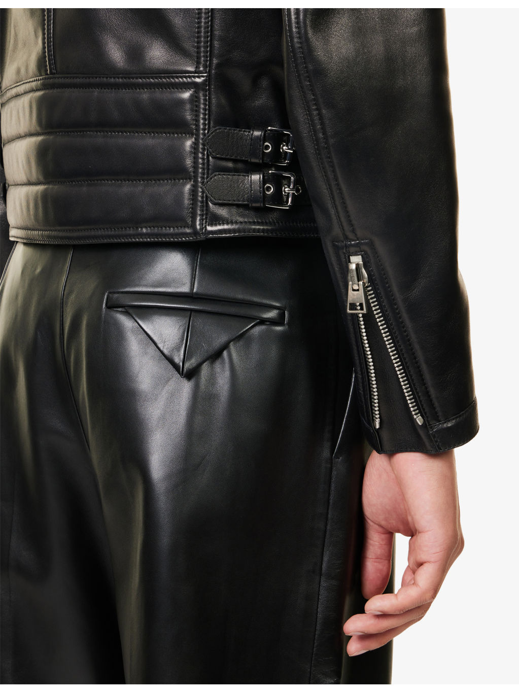Panelled Zipped Leather Biker Jacket - 6