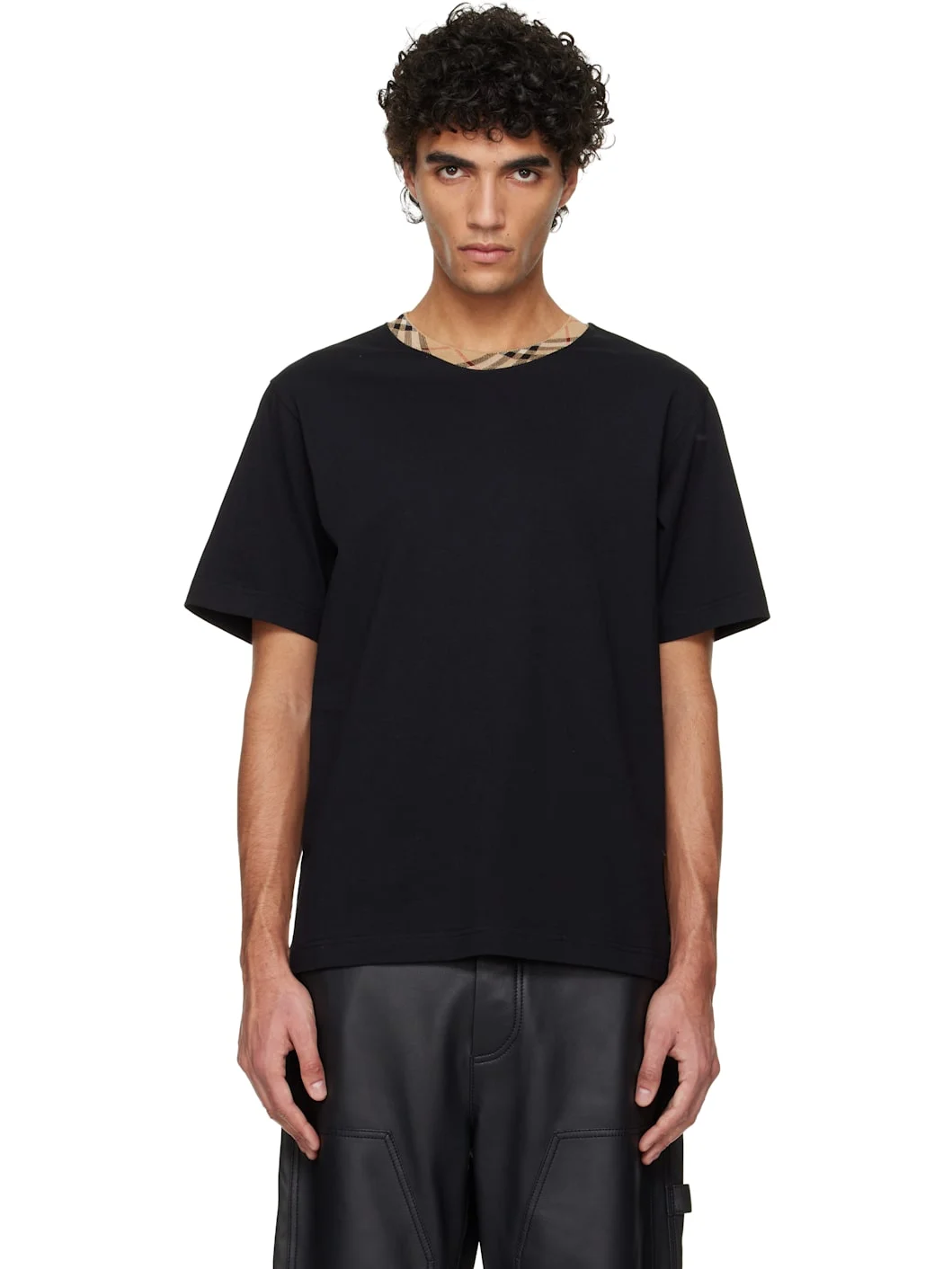 Black Check Trim Cotton T-shirt - 1