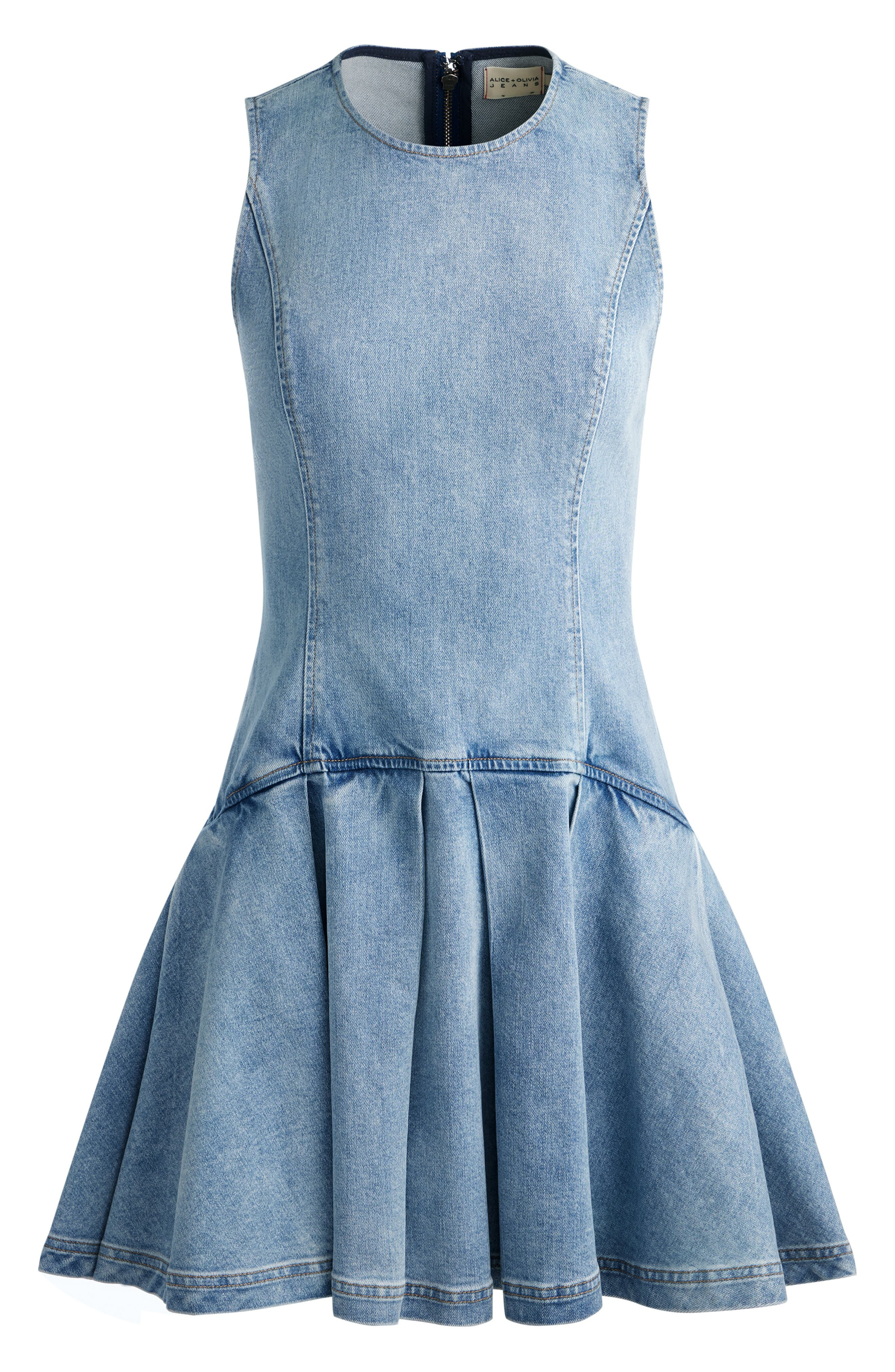 Alice + Olivia Adley Pleated Drop Waist Denim Minidress in Anabell Blue at Nordstrom - 4