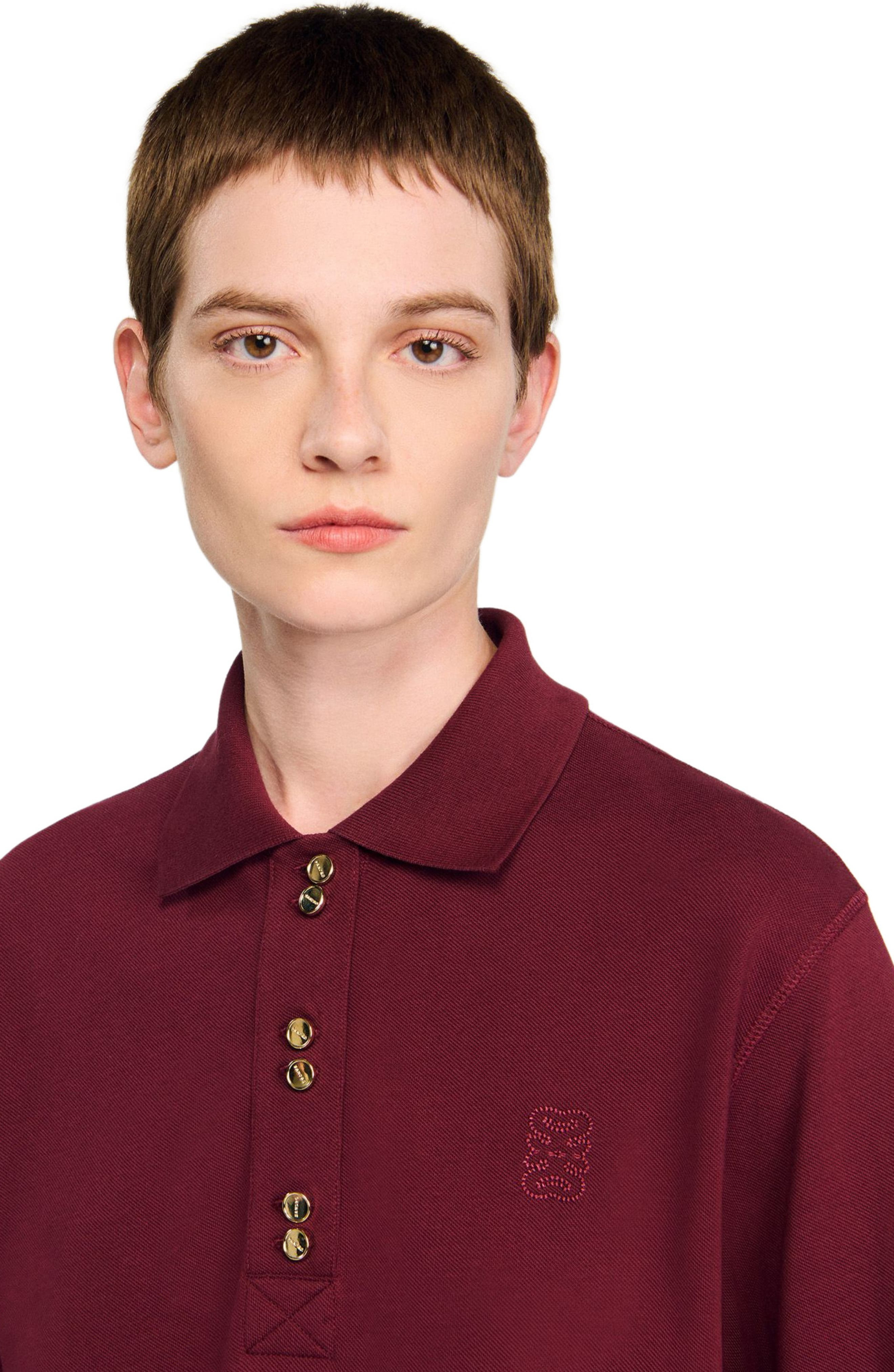 SANDRO Polo shirt with decorative buttons in Bordeaux at Nordstrom - 5