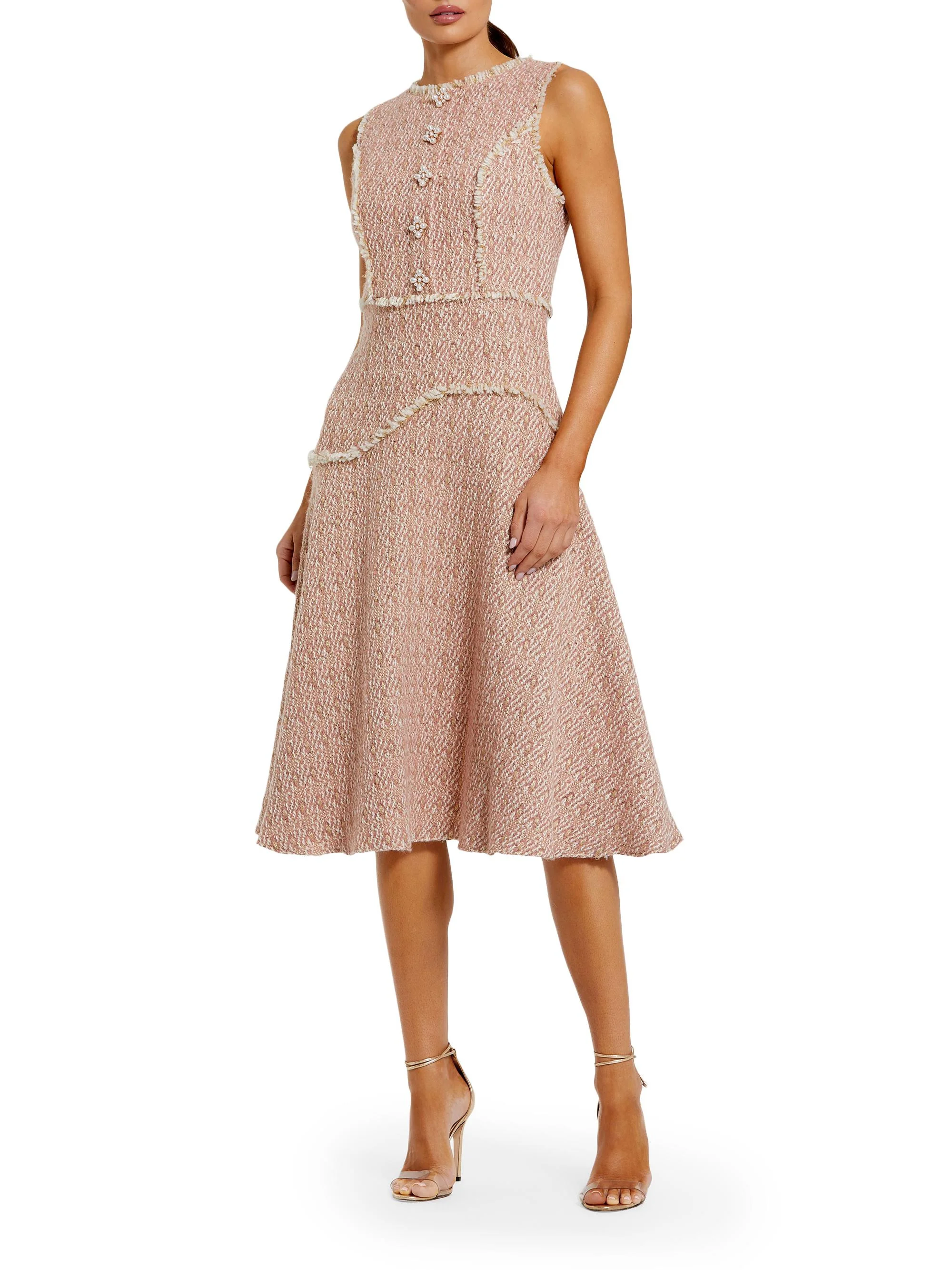 Women's Bouclé A-Line Round-Neck Midi-Dress - Blush Gold - 1