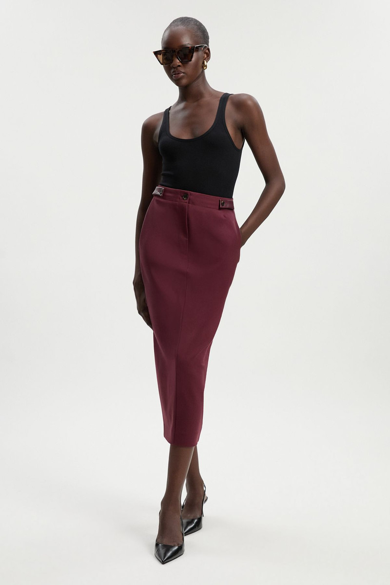Ponte And Pu Mix Tab Detail Tailored Pencil Midi Skirt 1