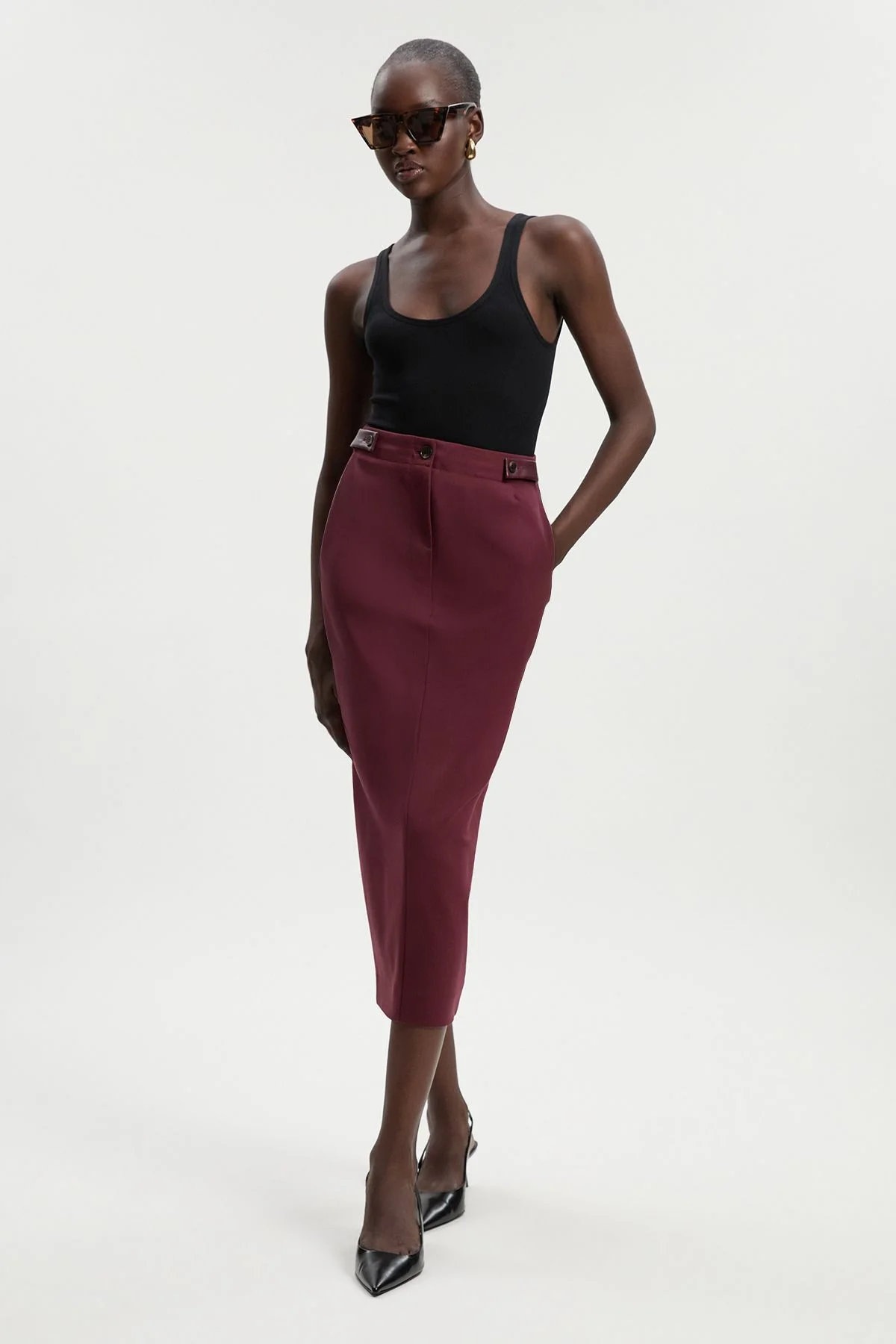 Ponte And Pu Mix Tab Detail Tailored Pencil Midi Skirt - 1