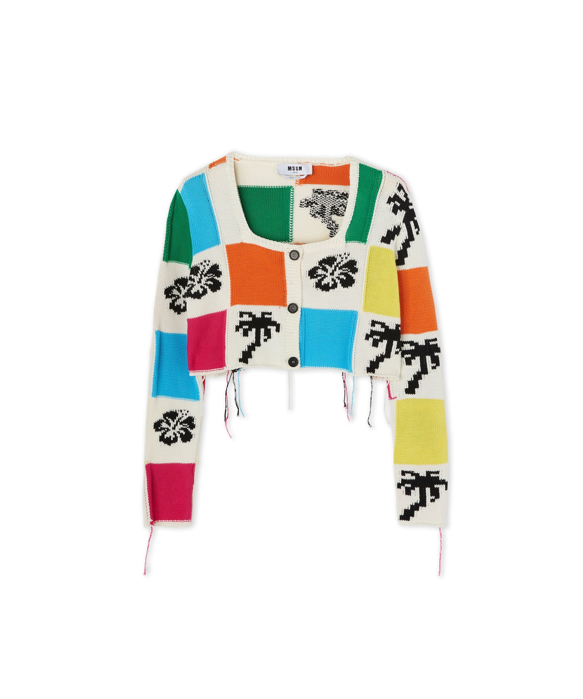 Patchwork knit crop cardigan with hibiscus and palm inlays - 2