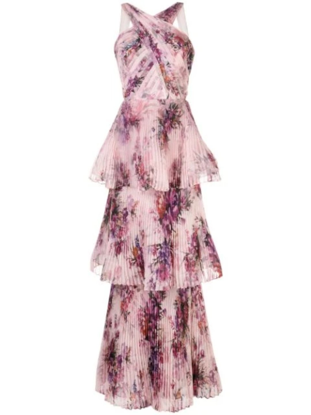 PLEATED CHIFFON TIERED HALTER GOWN - 5