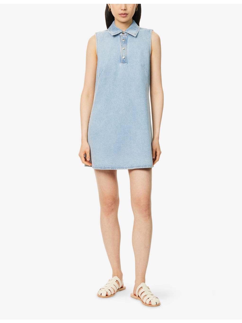 City Shift Polo-Collar Cotton-Blend Denim Mini Dress - 3