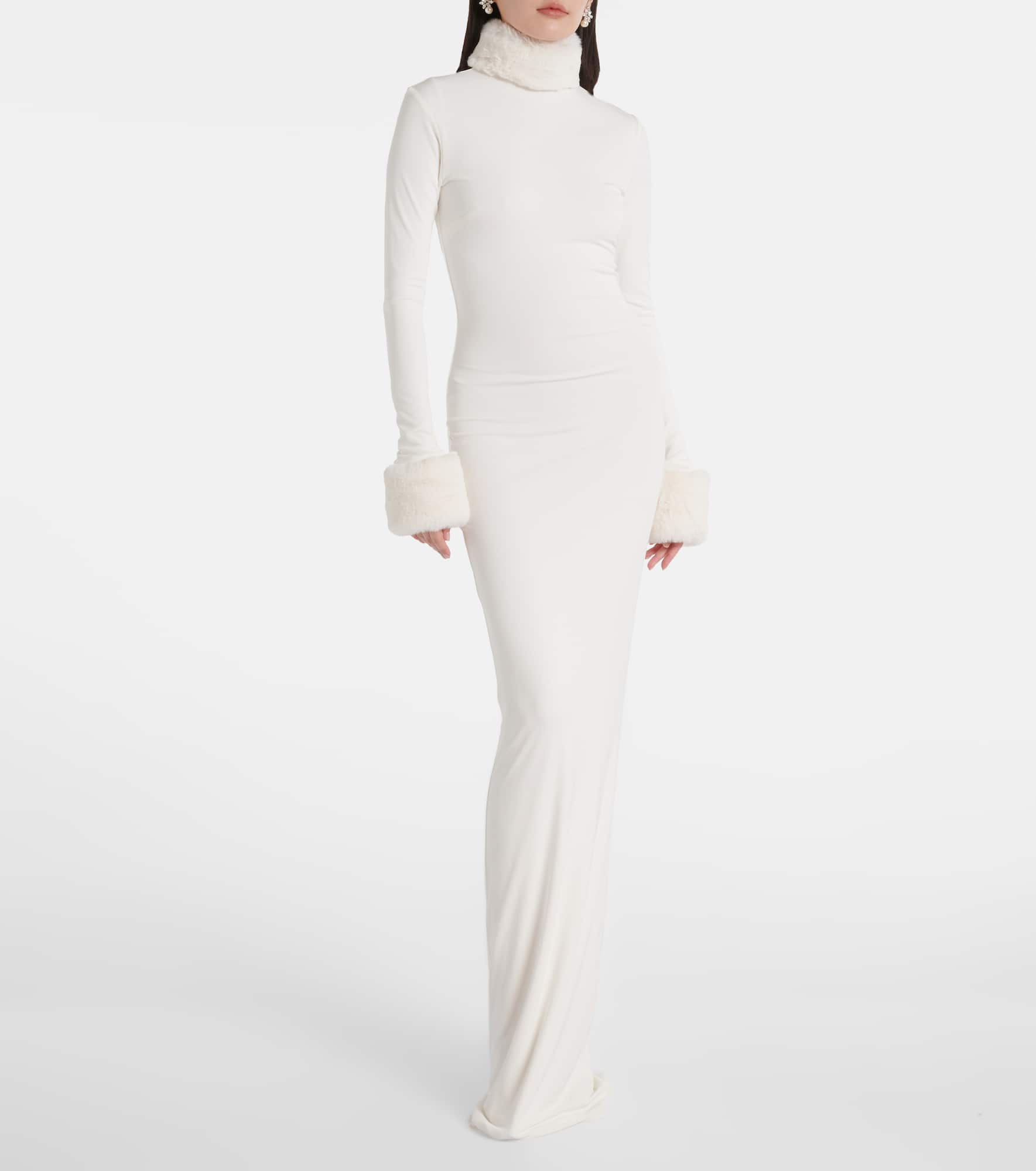 Priscilla faux fur-trimmed satin gown - 2