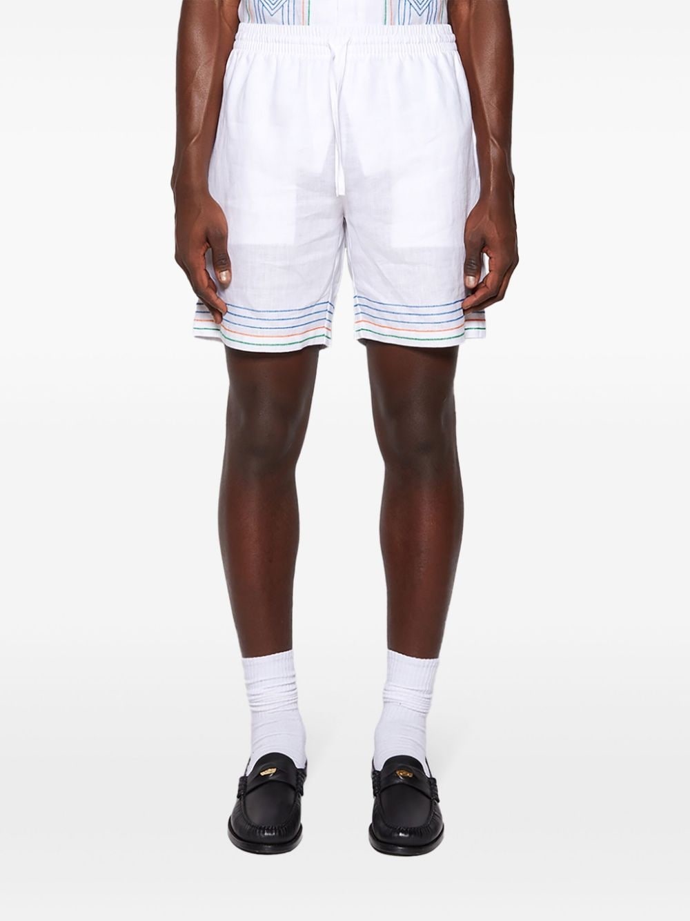 stripe-embroidered linen shorts - 3
