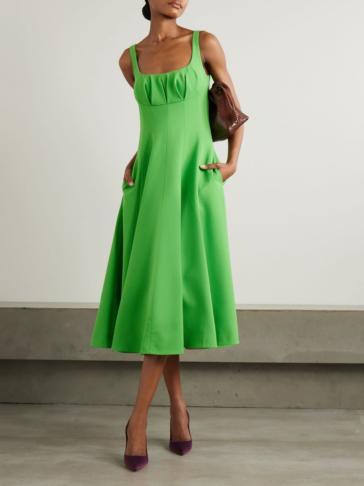 Collins pleated paneled wool-crepe midi dress Bright green - 2