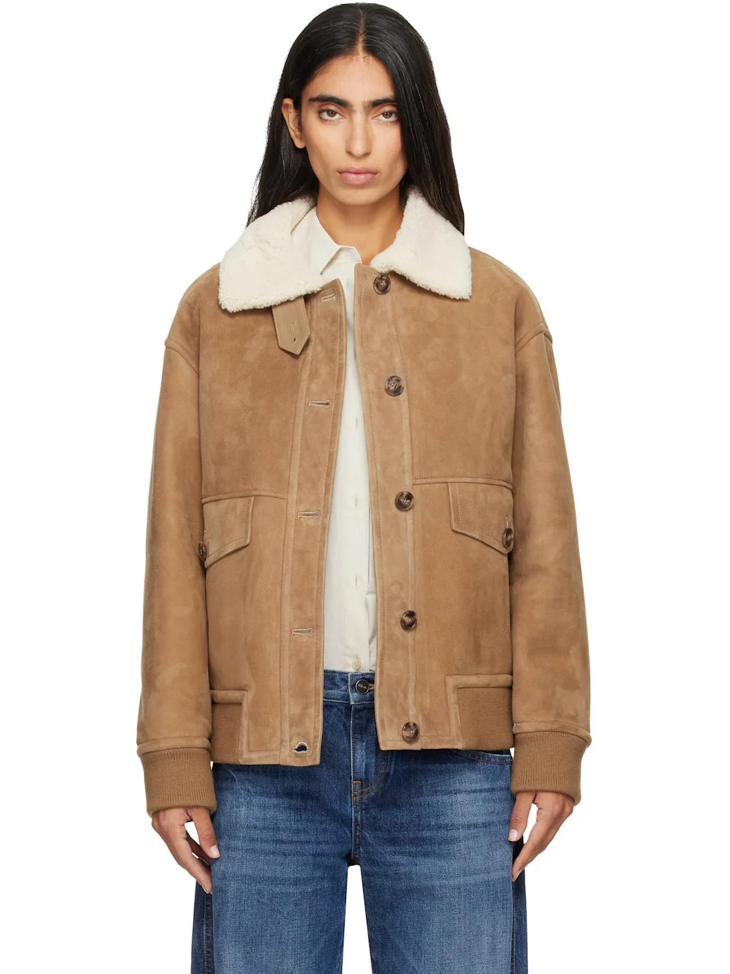 Beige Shearling Trim Suede Jacket - 1