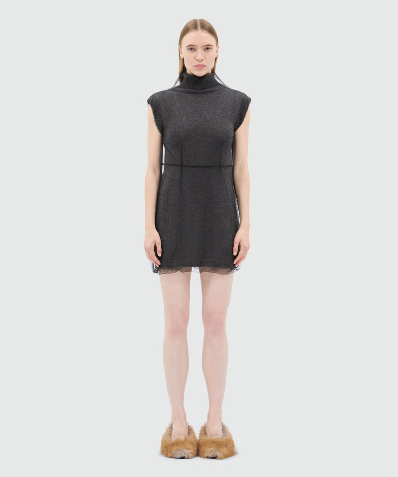 MSGM Short sleeveless anthracite knitted dress with tulle overlay outlook