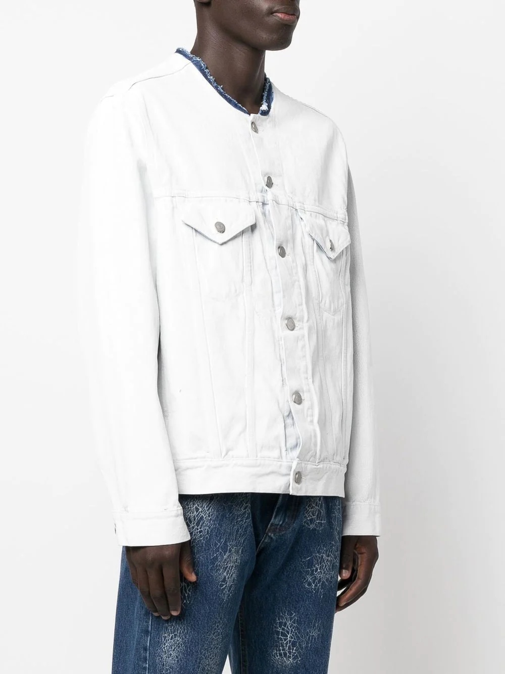 cracked collarless denim jacket - 4