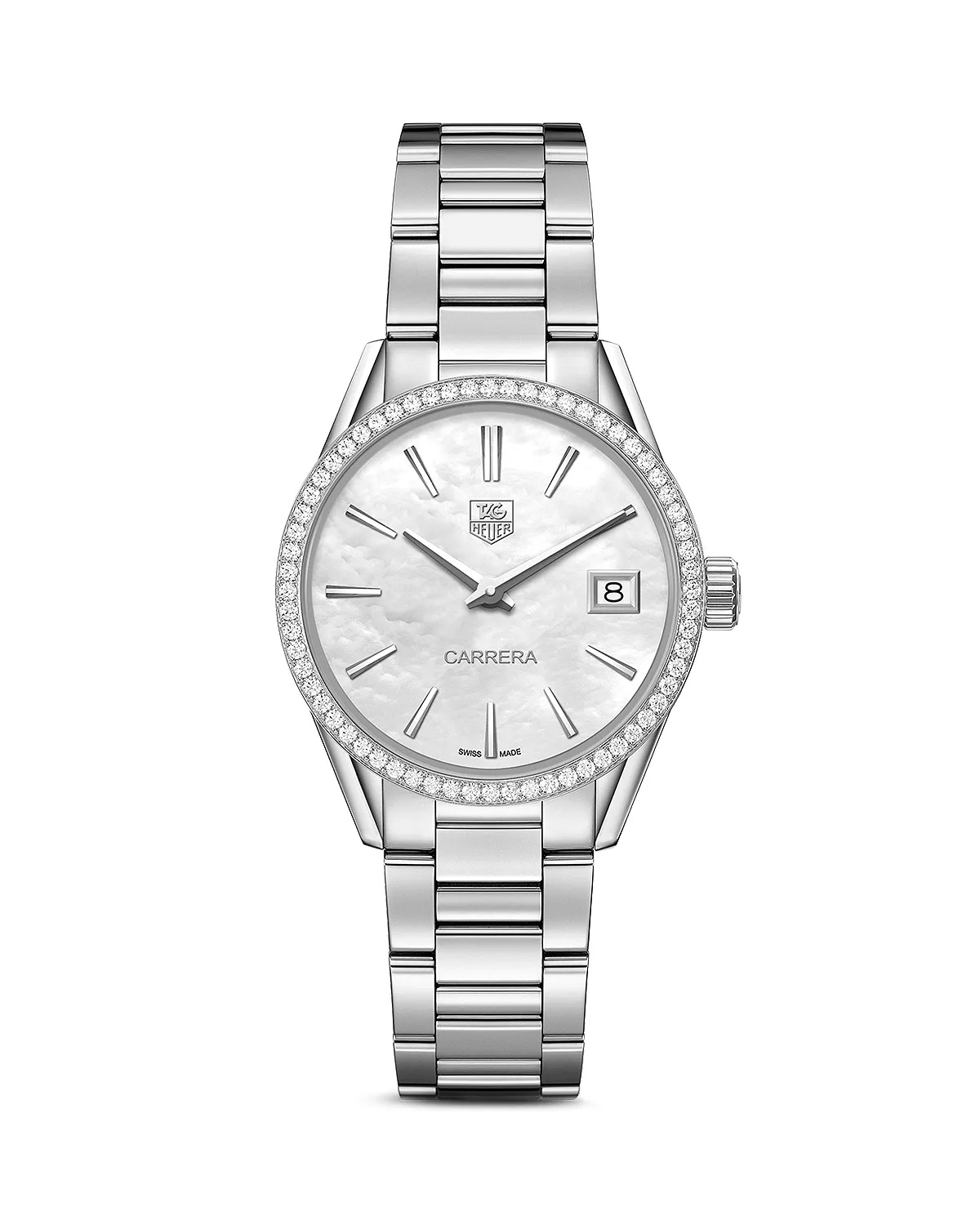 Carrera Stainless Steel and White Mother of Pearl Dial Watch with Diamond Bezel Case, 32mm - 1