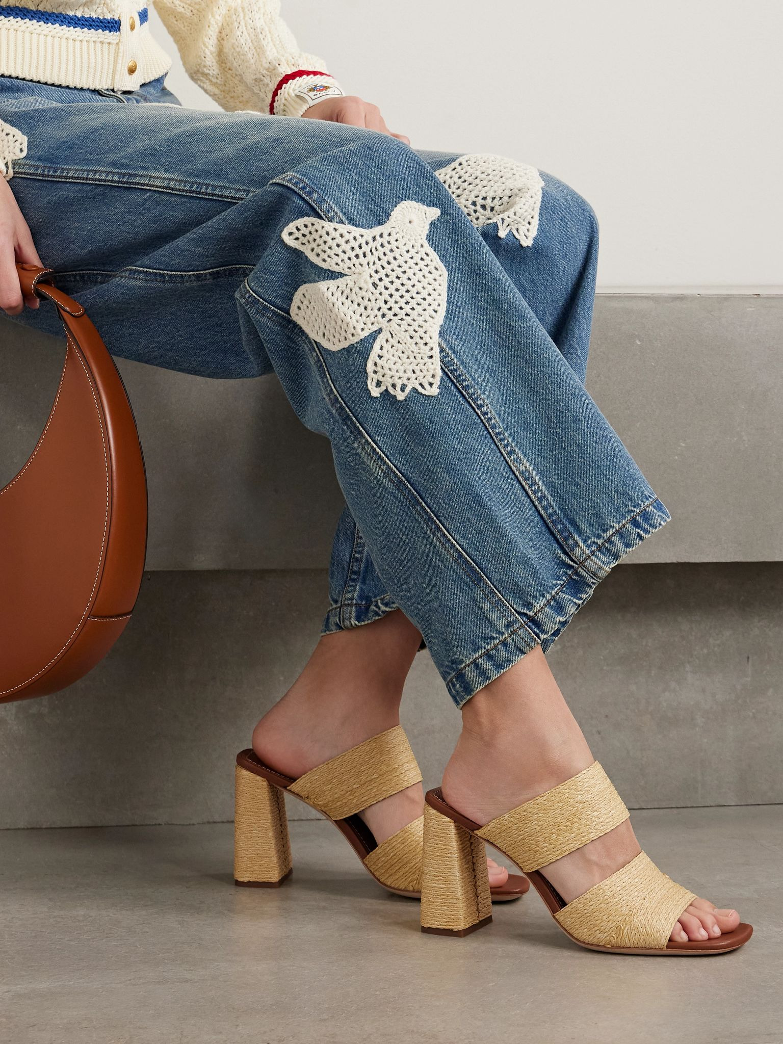 Skylar leather-trimmed raffia sandals Beige - 2