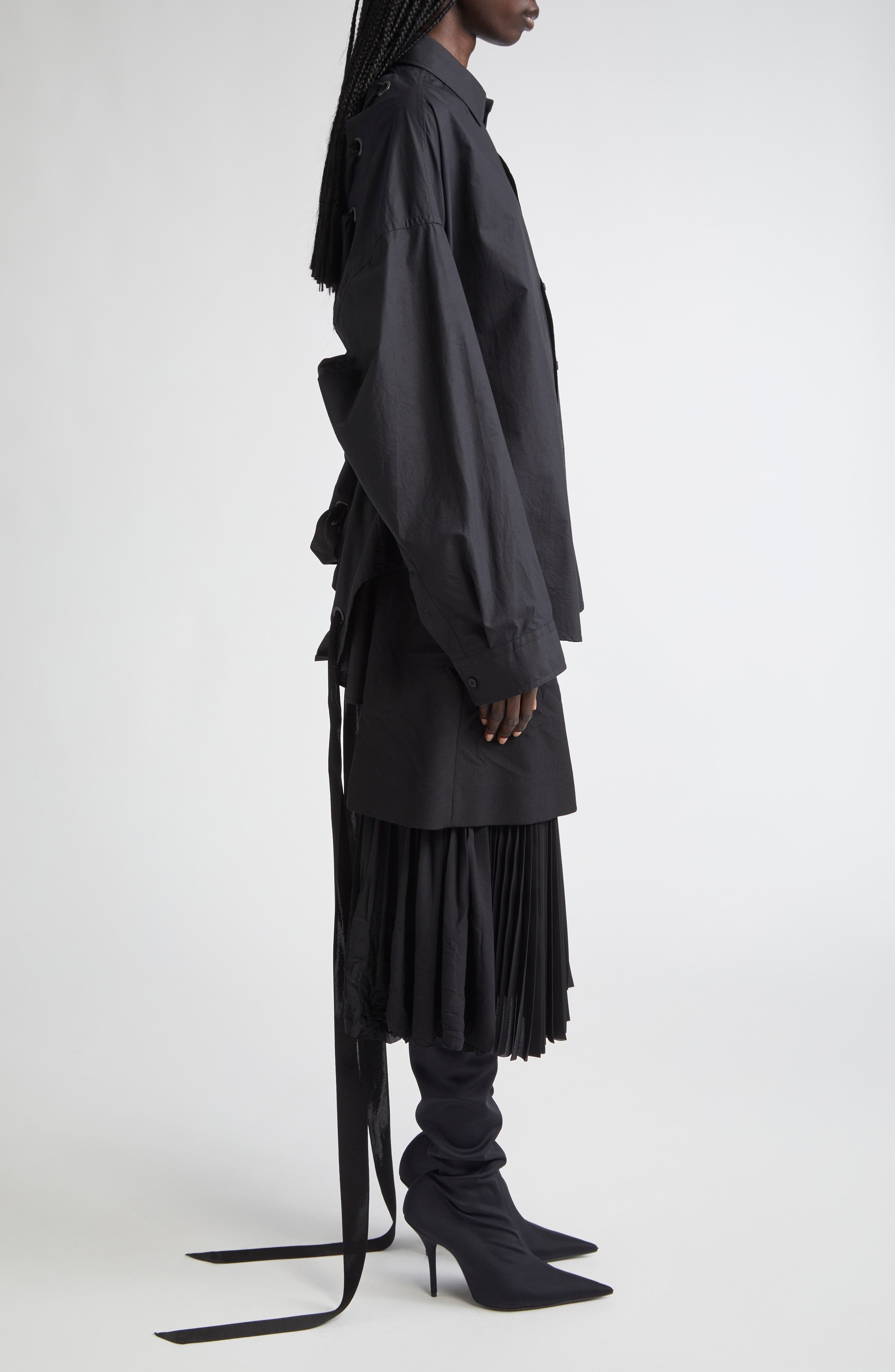 Balenciaga Lace-Up Cotton Poplin Shirt in 1000 Black at Nordstrom - 4