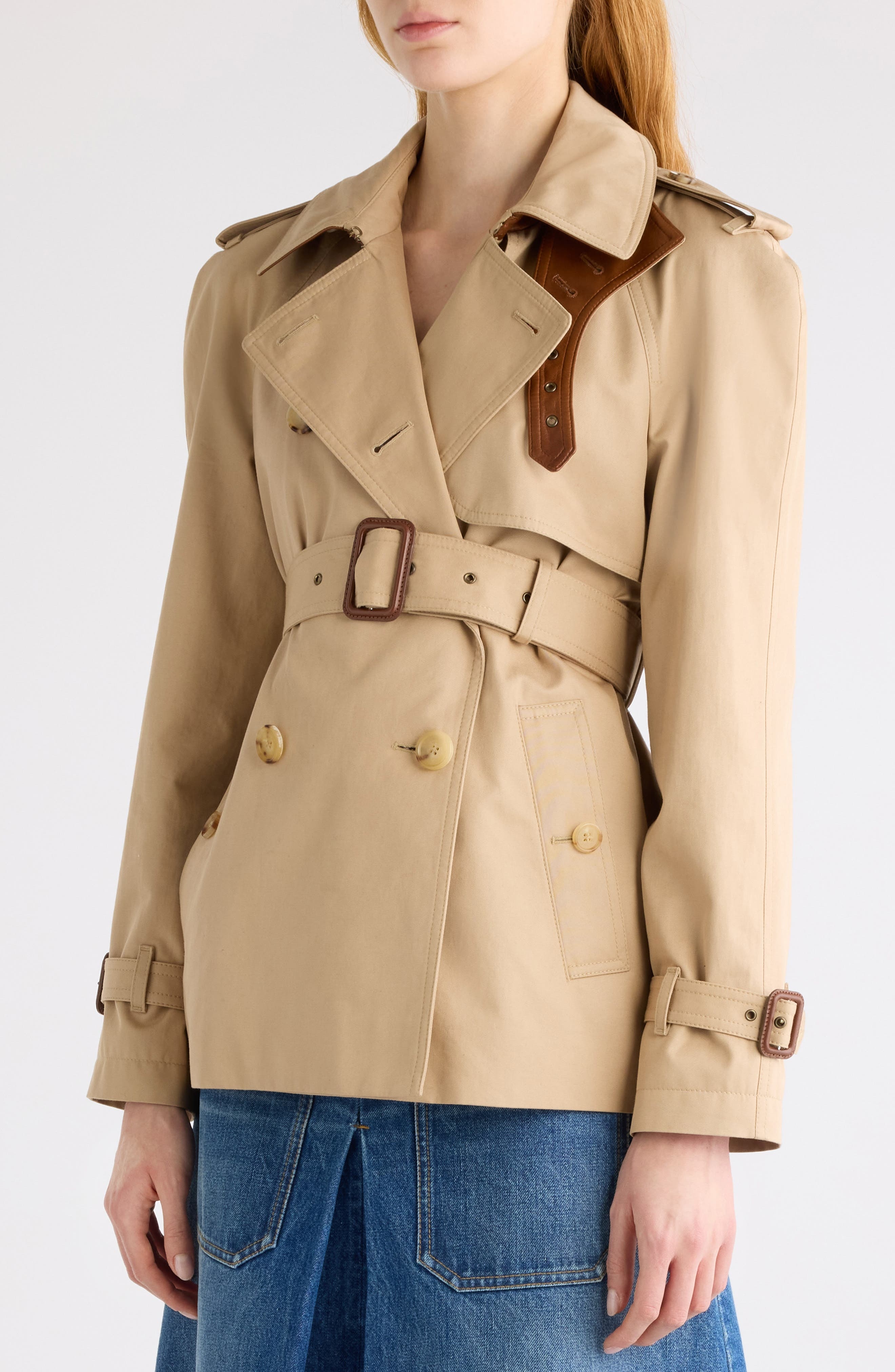 Chloé Short Cotton Gabardine Trench Coat in Worn Brown at Nordstrom - 6