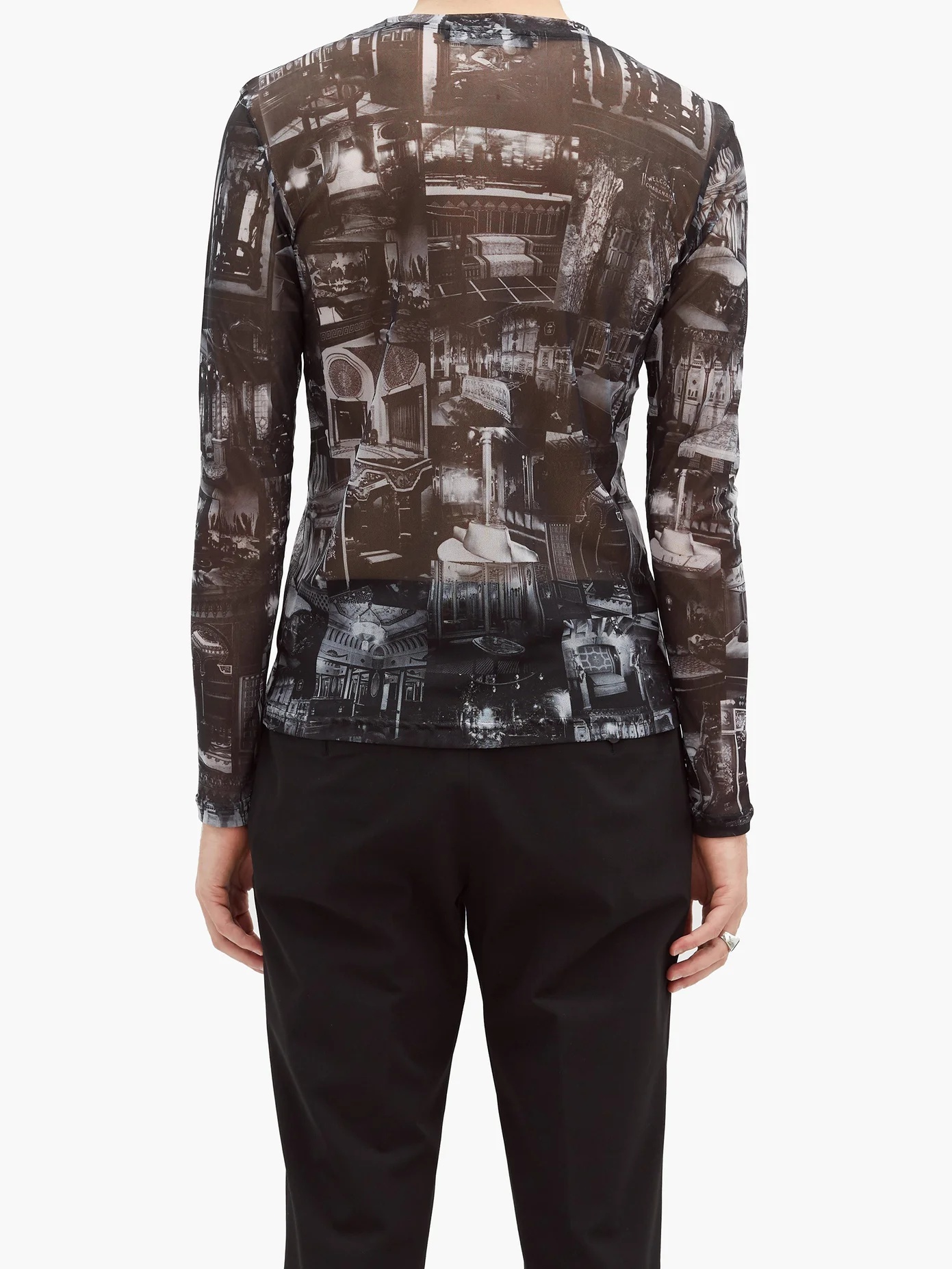 Printed sheer mesh long-sleeved T-shirt - 5