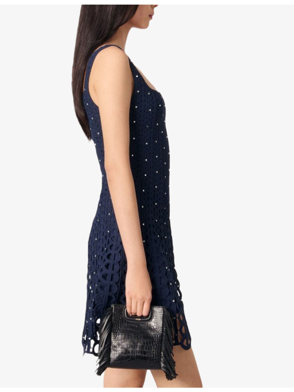 Rhinestone-Embellished Square-Neck Crochet Mini Dress - 3