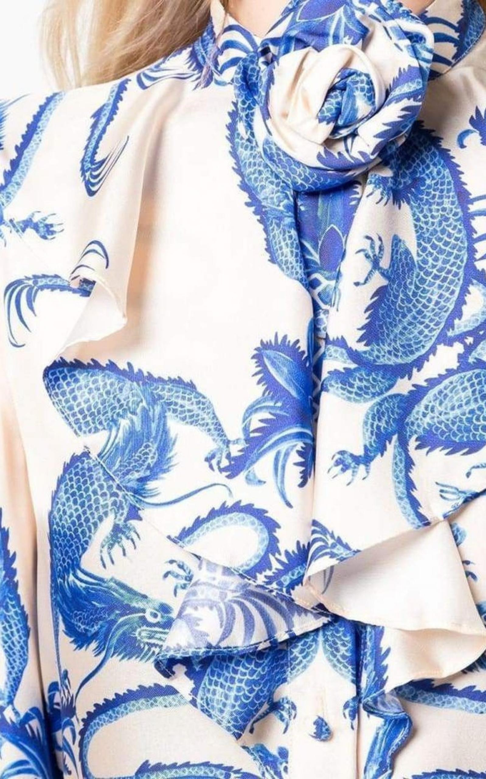 Silk Dragon Print Twill Ruffle Neck Dress - 5