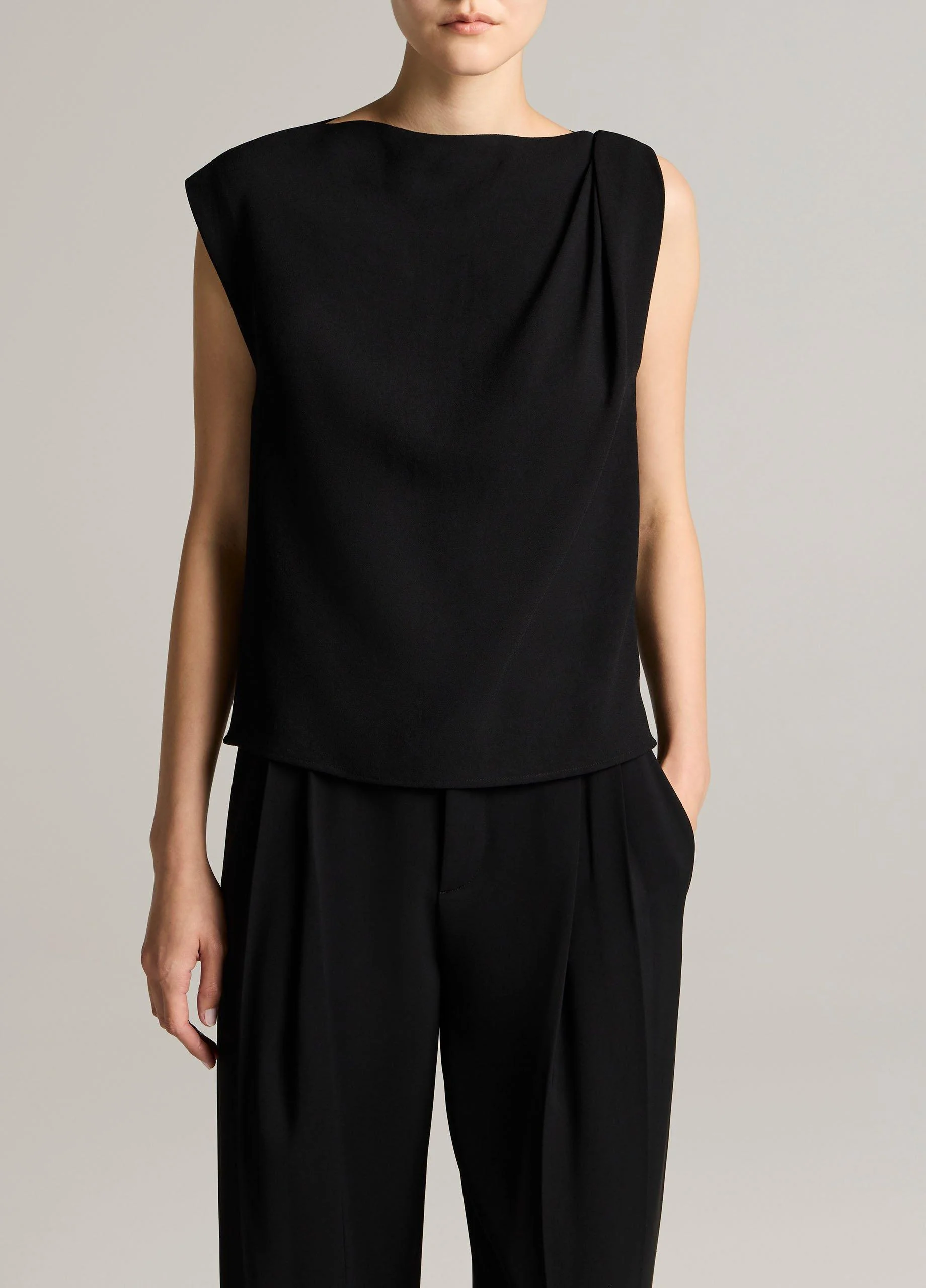 Crepe Draped-Shoulder Sleeveless Top - 1