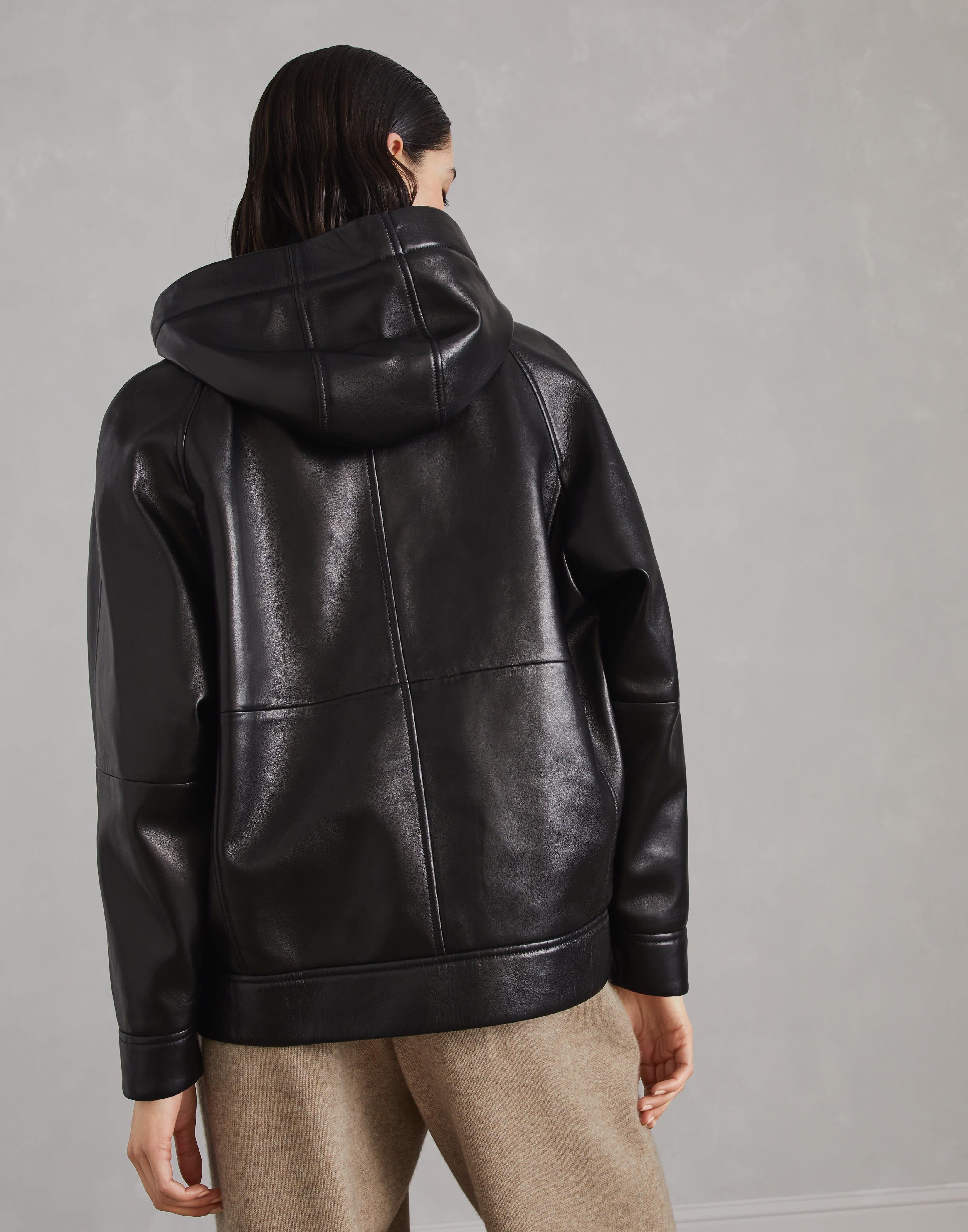 Nappa leather hooded outerwear jacket with shiny trims - 2