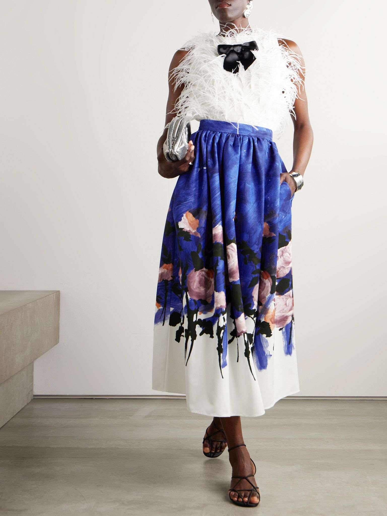 Gathered floral-print cotton-blend twill midi skirt Blue - 2