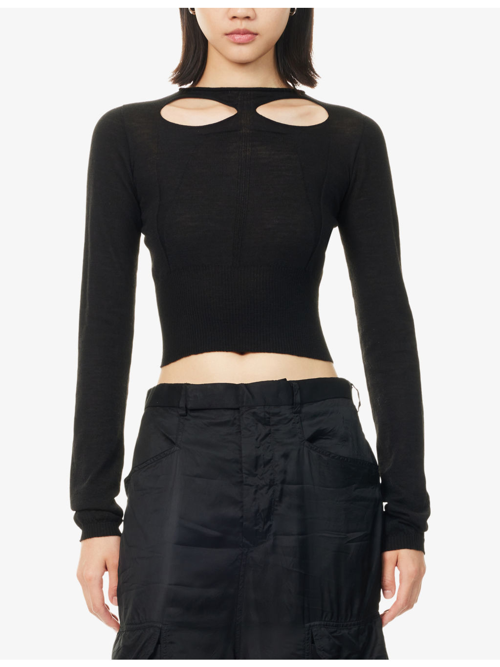 Slashed Long-Sleeve Cropped Wool Knitted Jumper - 3