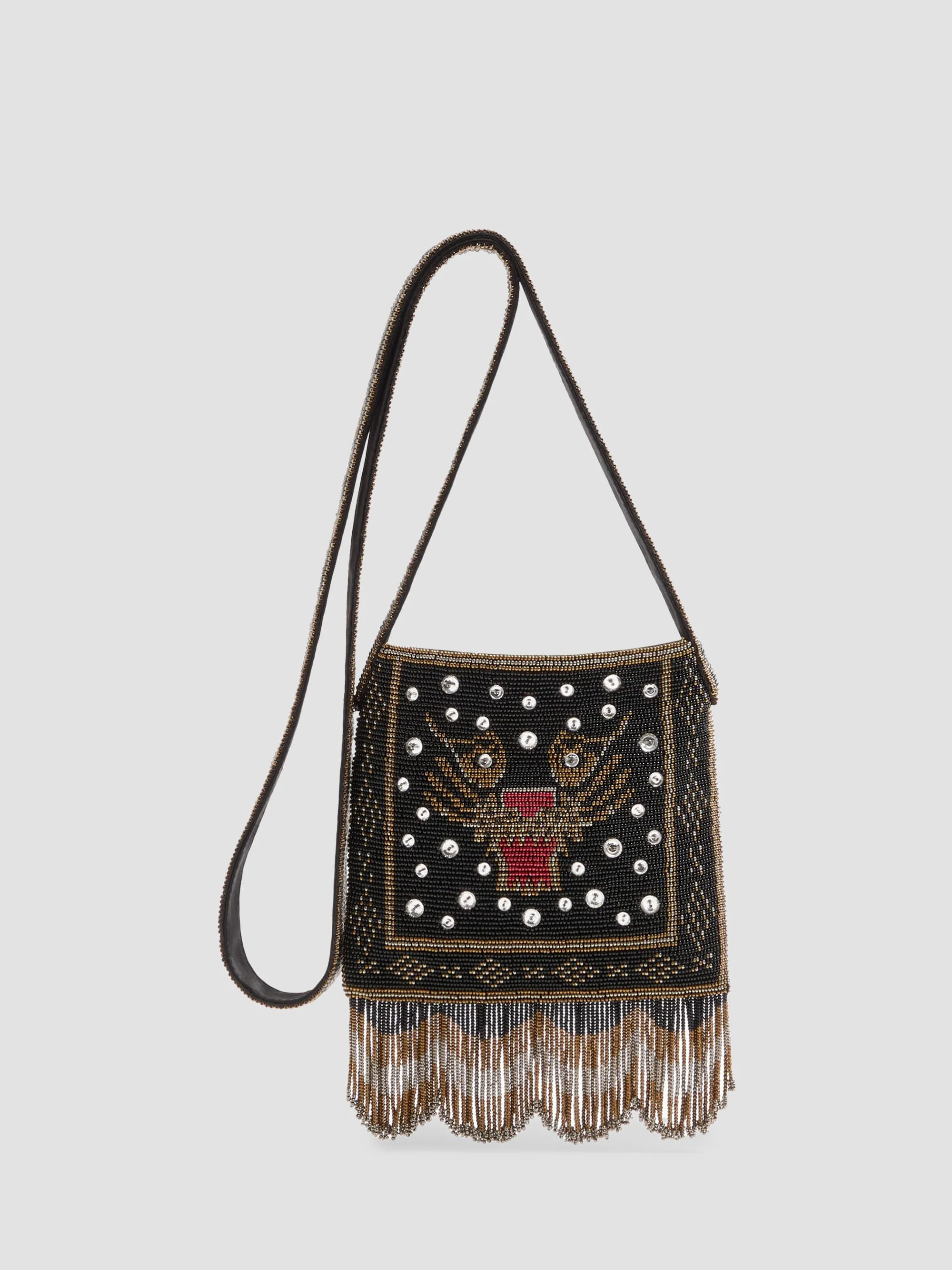 Women's Nellcote Small Embroidered Shoulder Bag with Fringes - Black - 1