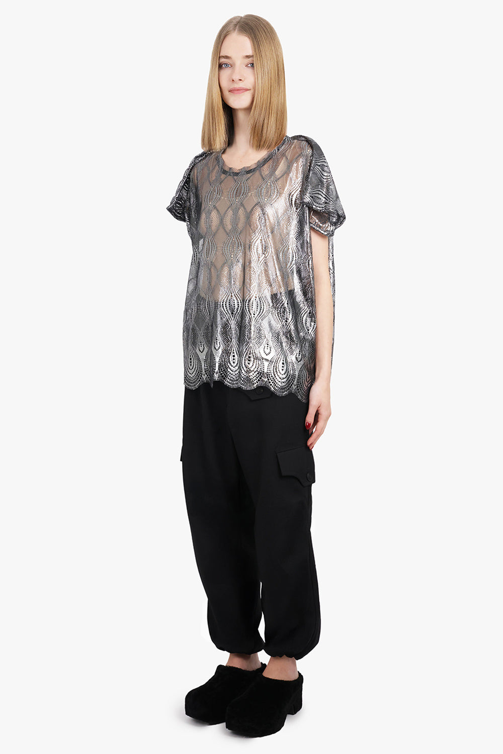 FOILED LACE S/S TOP | SILVER/BLACK - 4
