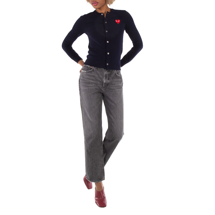Comme Des Garcons Ladies Heart Logo Cardigan In Navy - 6