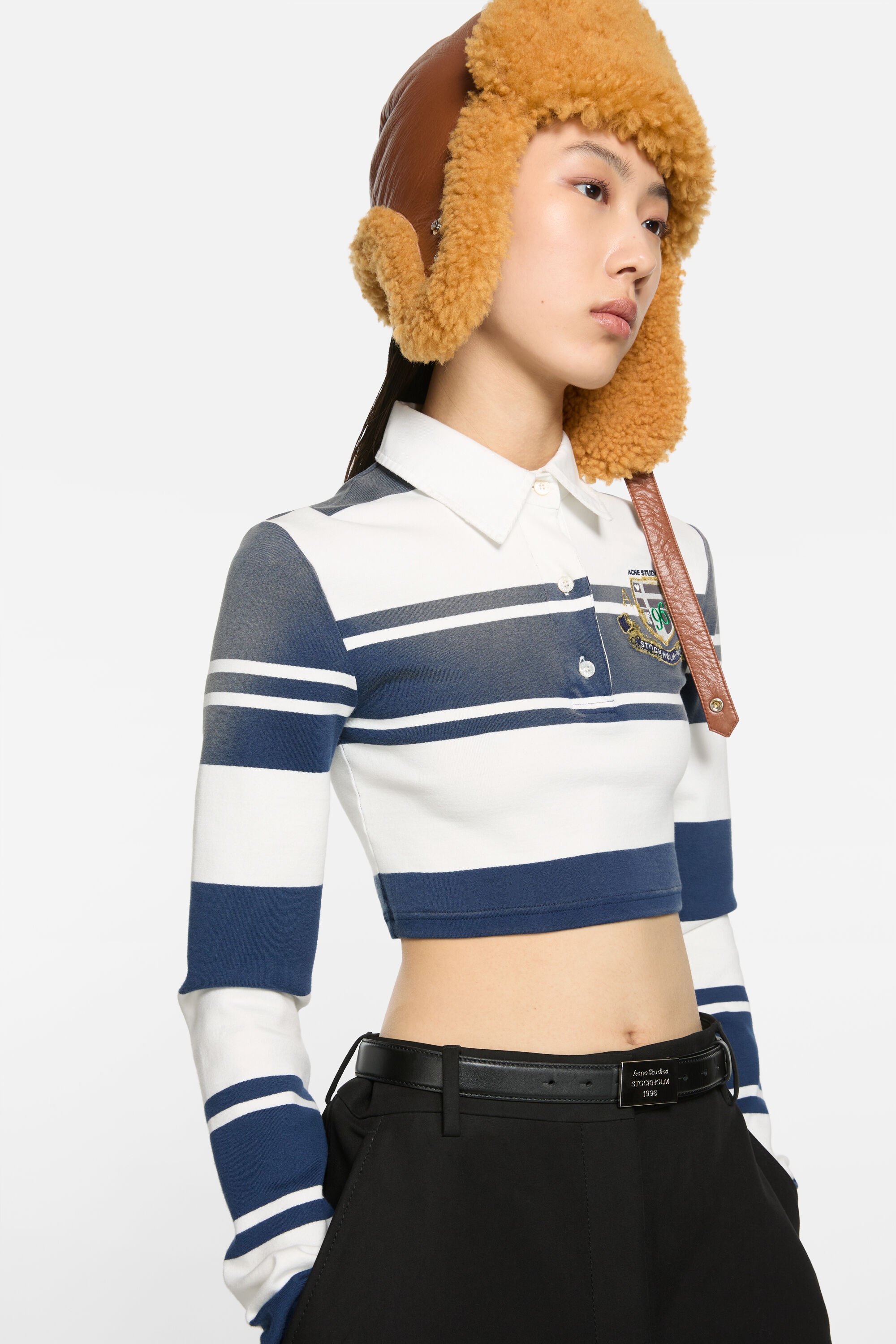 Cropped long sleeve polo - White/navy - 4