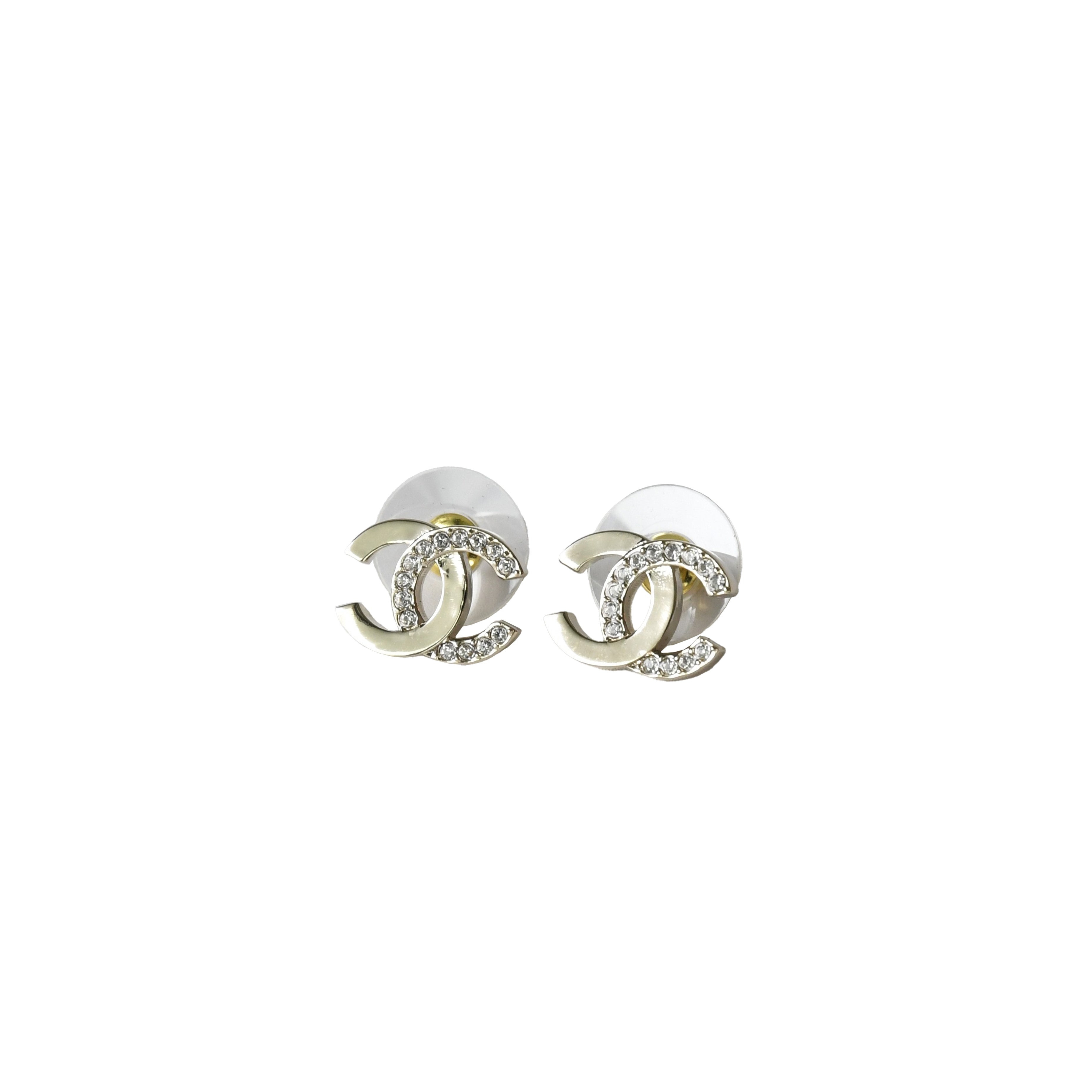 Chanel Metal and Crystal Strass CC Stud Earrings Gold - 2