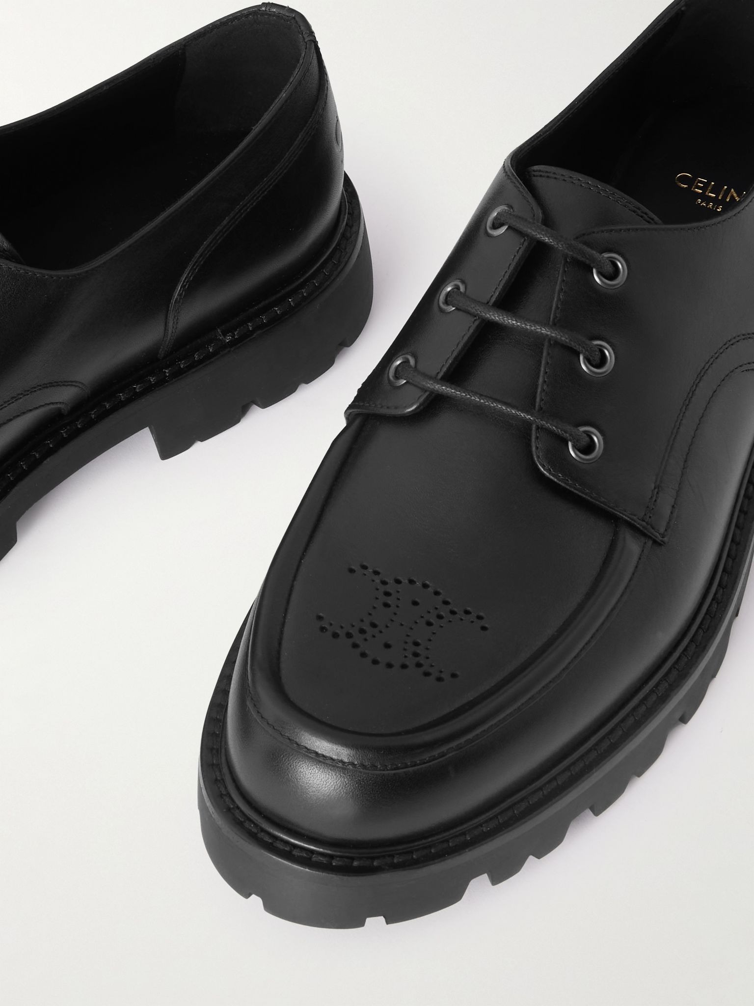 Logo-Perforated Leather Derby Shoes Black - 5