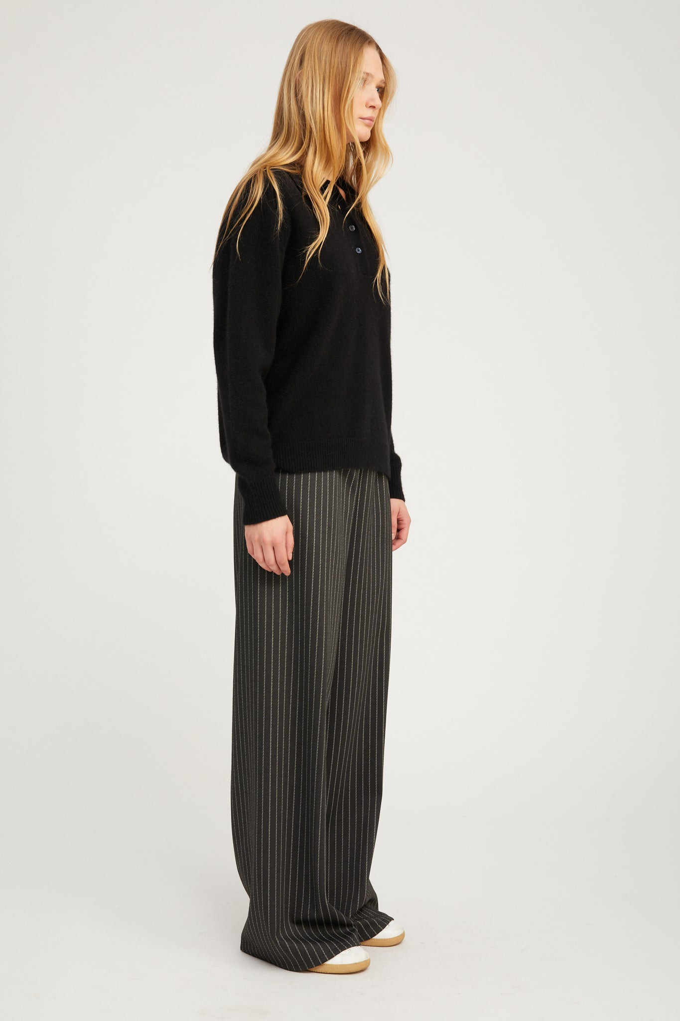 BLACK PINSTRIPE WIDE LEG EASY PANTS - 4
