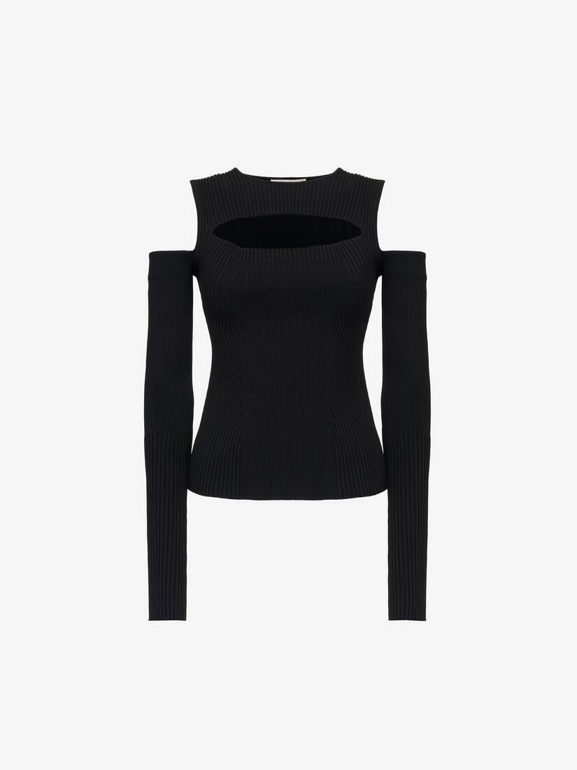 Women's Slashed Knit Top in Black - 2